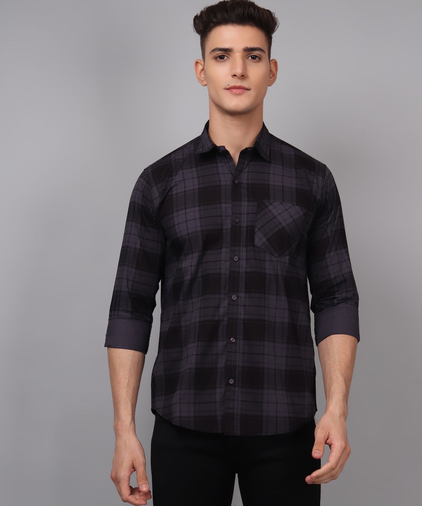 TryBuy Premium Grey Black Checks Cotton Casual Shirt for Men - TryBuy® USA🇺🇸