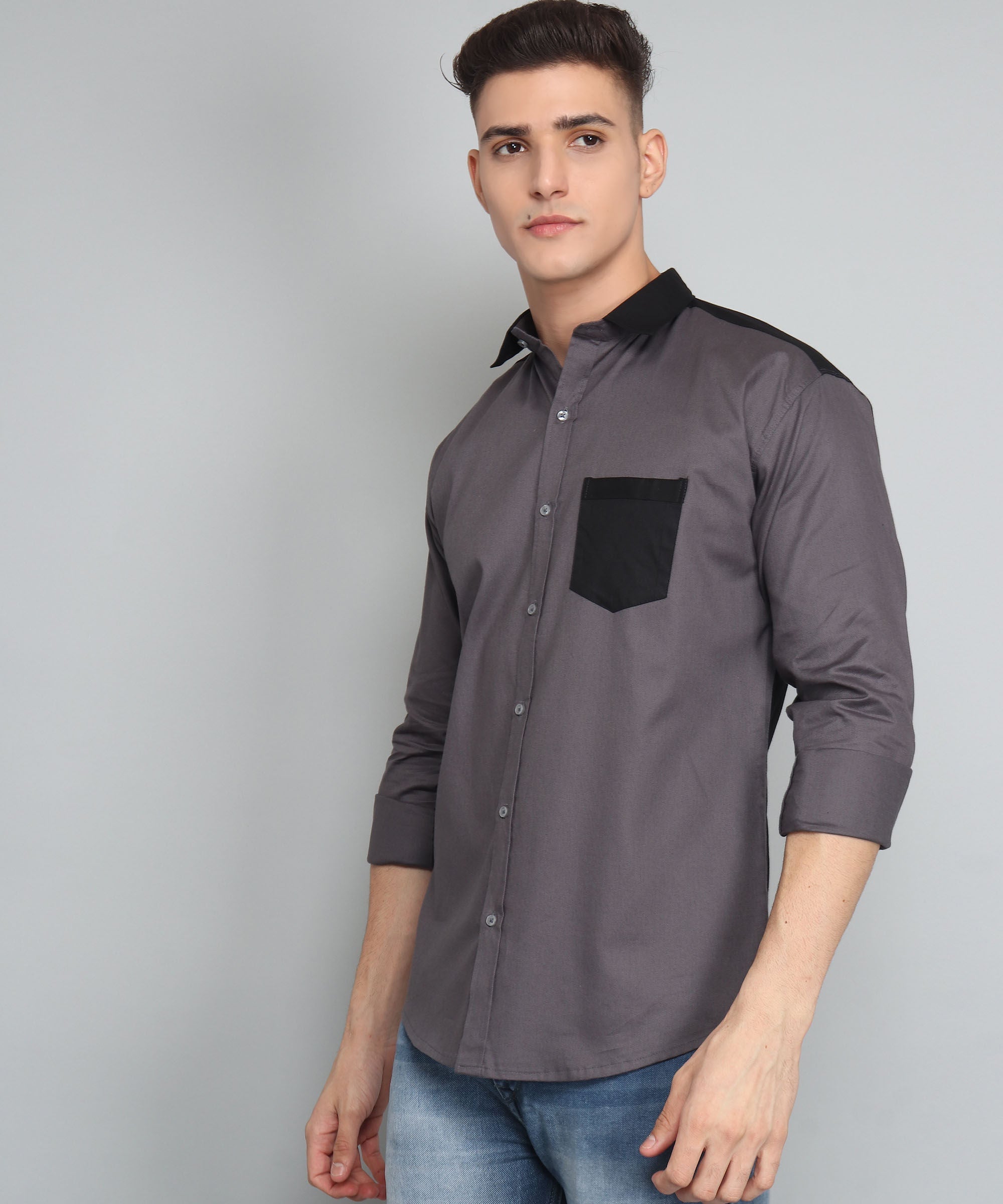 Grey Cotton Casual Shirt