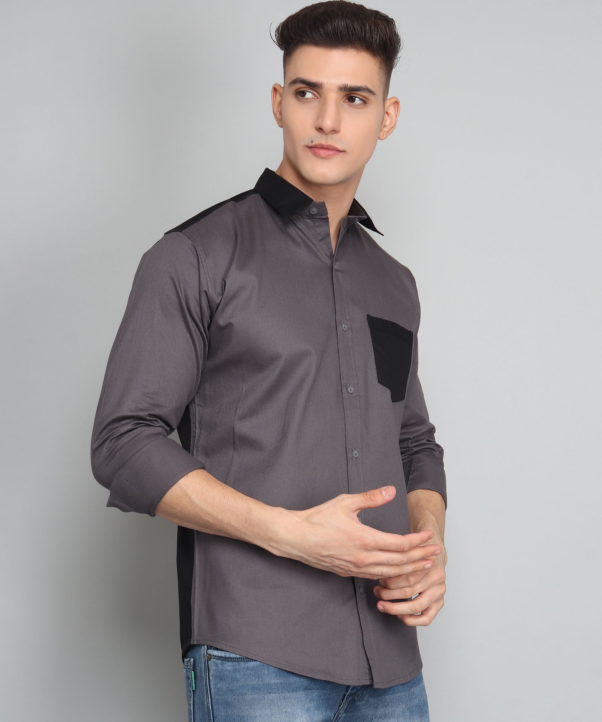 Creek Premium Grey Solid  Cotton Dress Shirt For Men