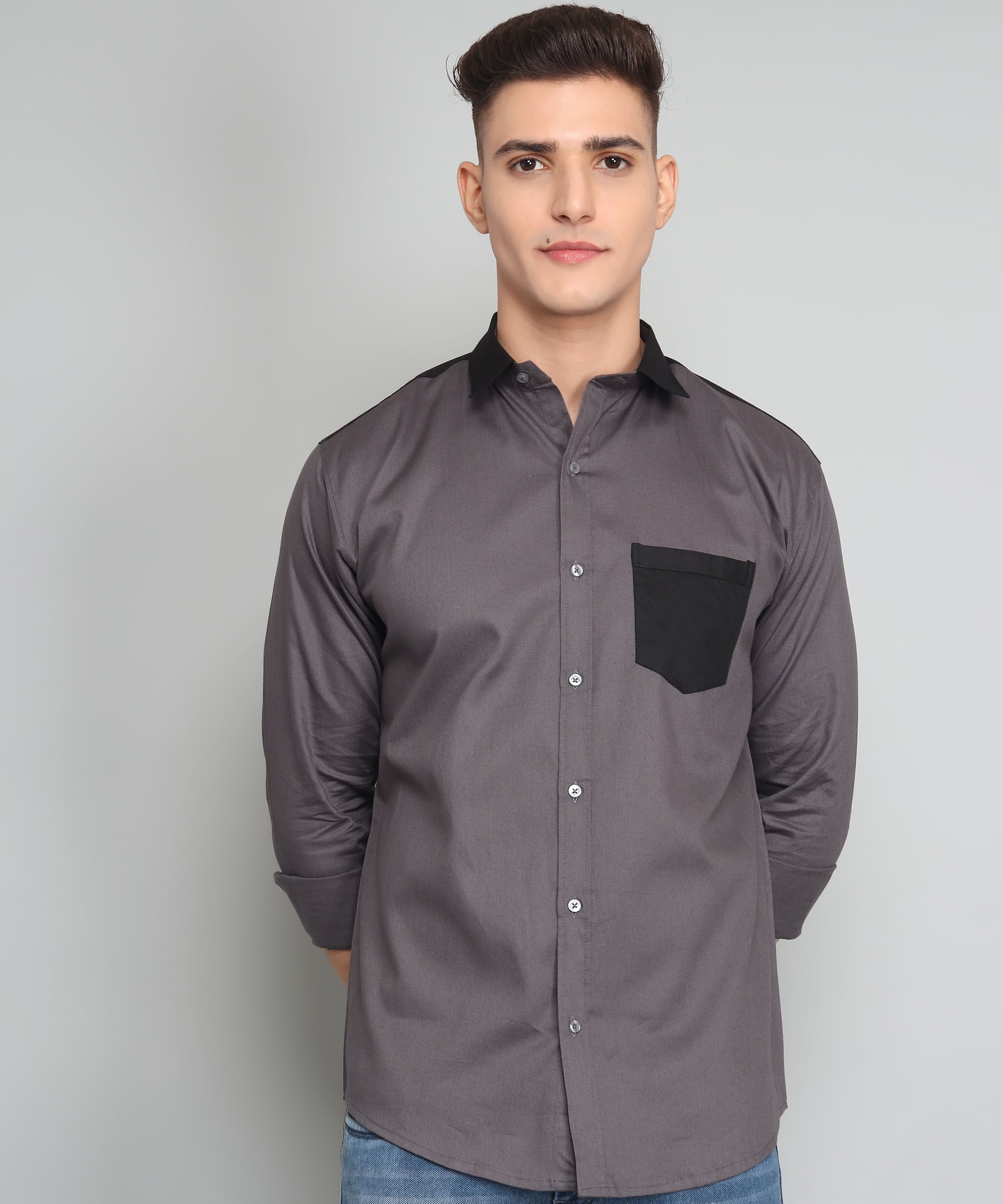 Grey Cotton Casual Shirt