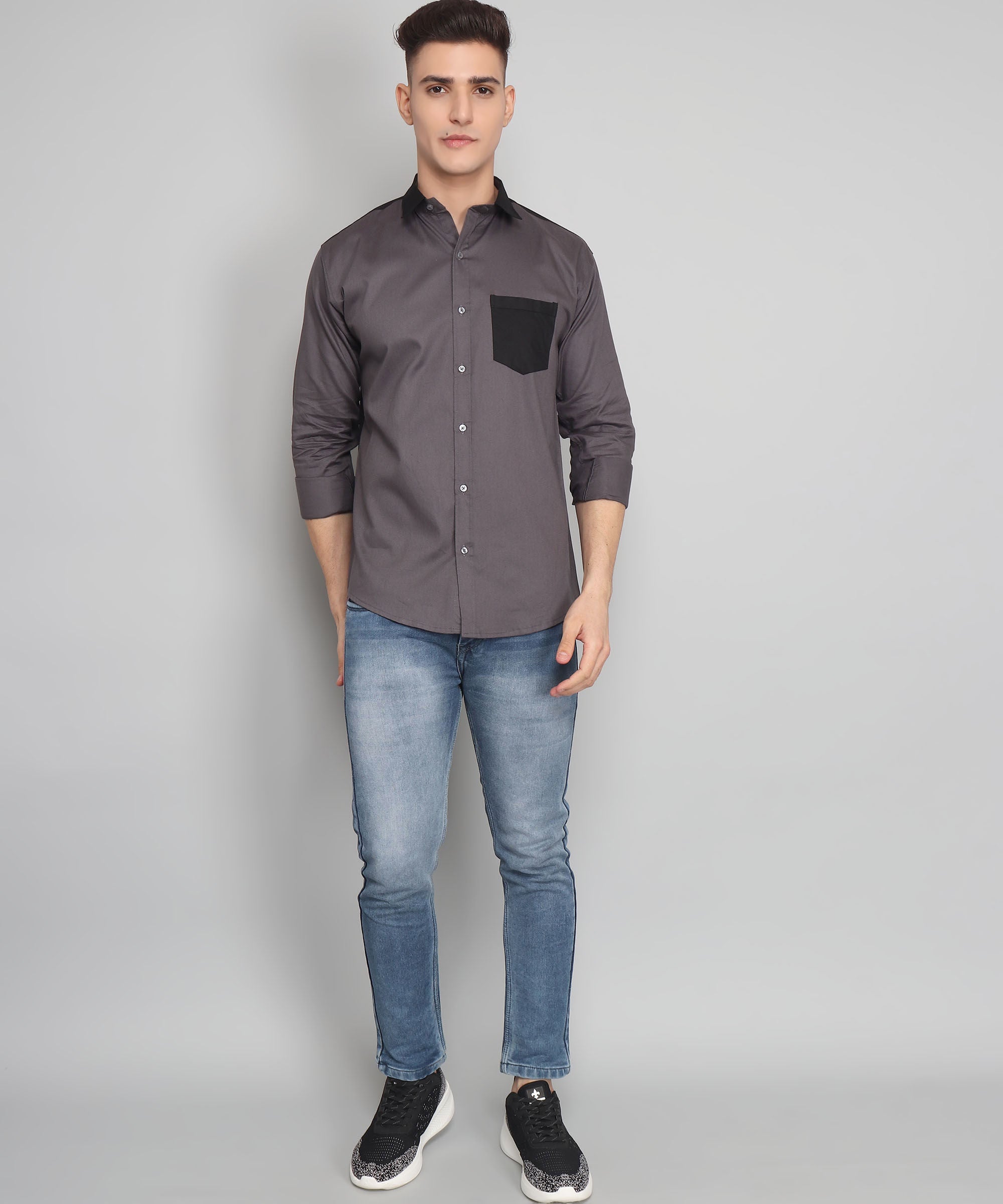 Grey Cotton Casual Shirt