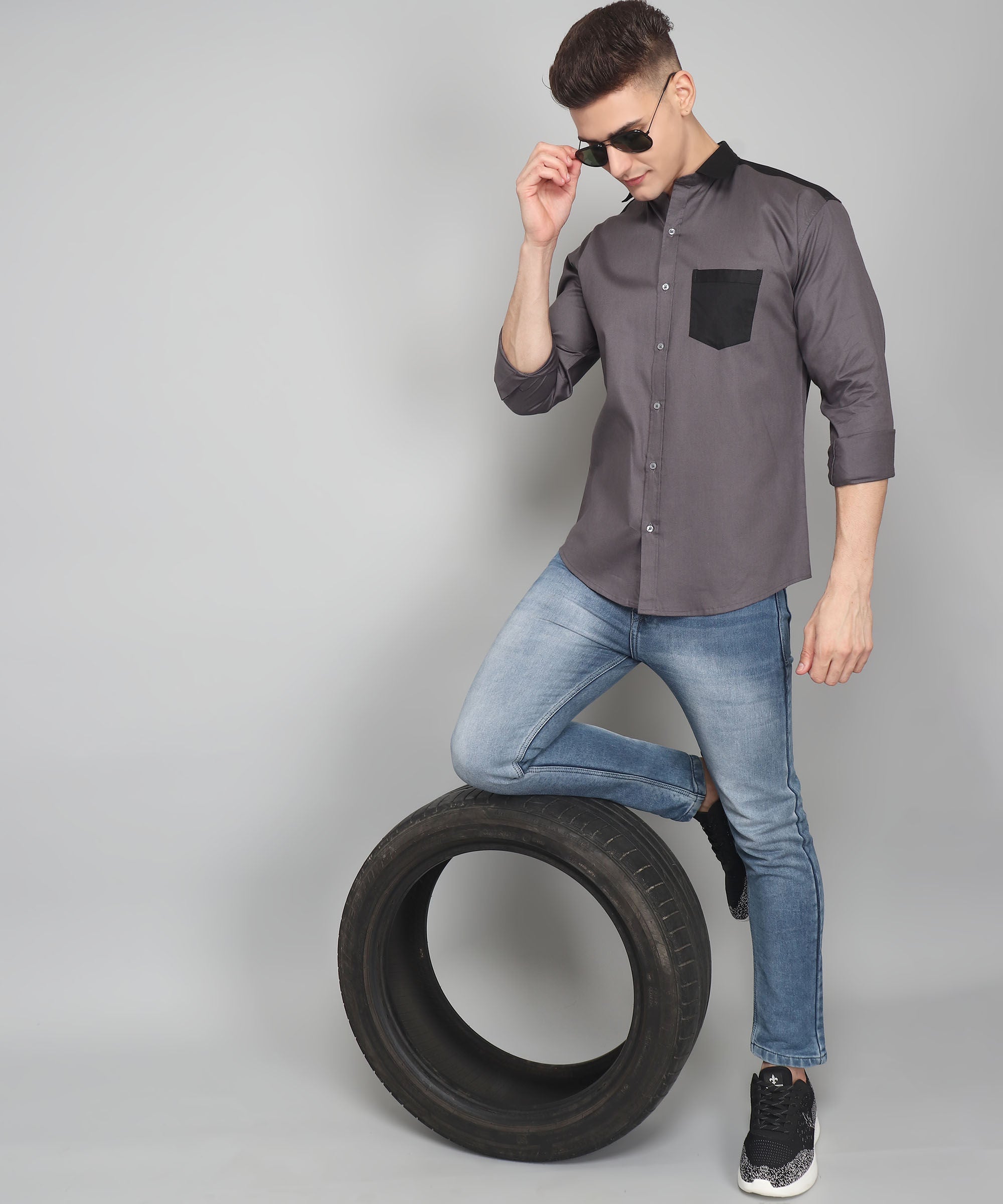 Grey Cotton Casual Shirt