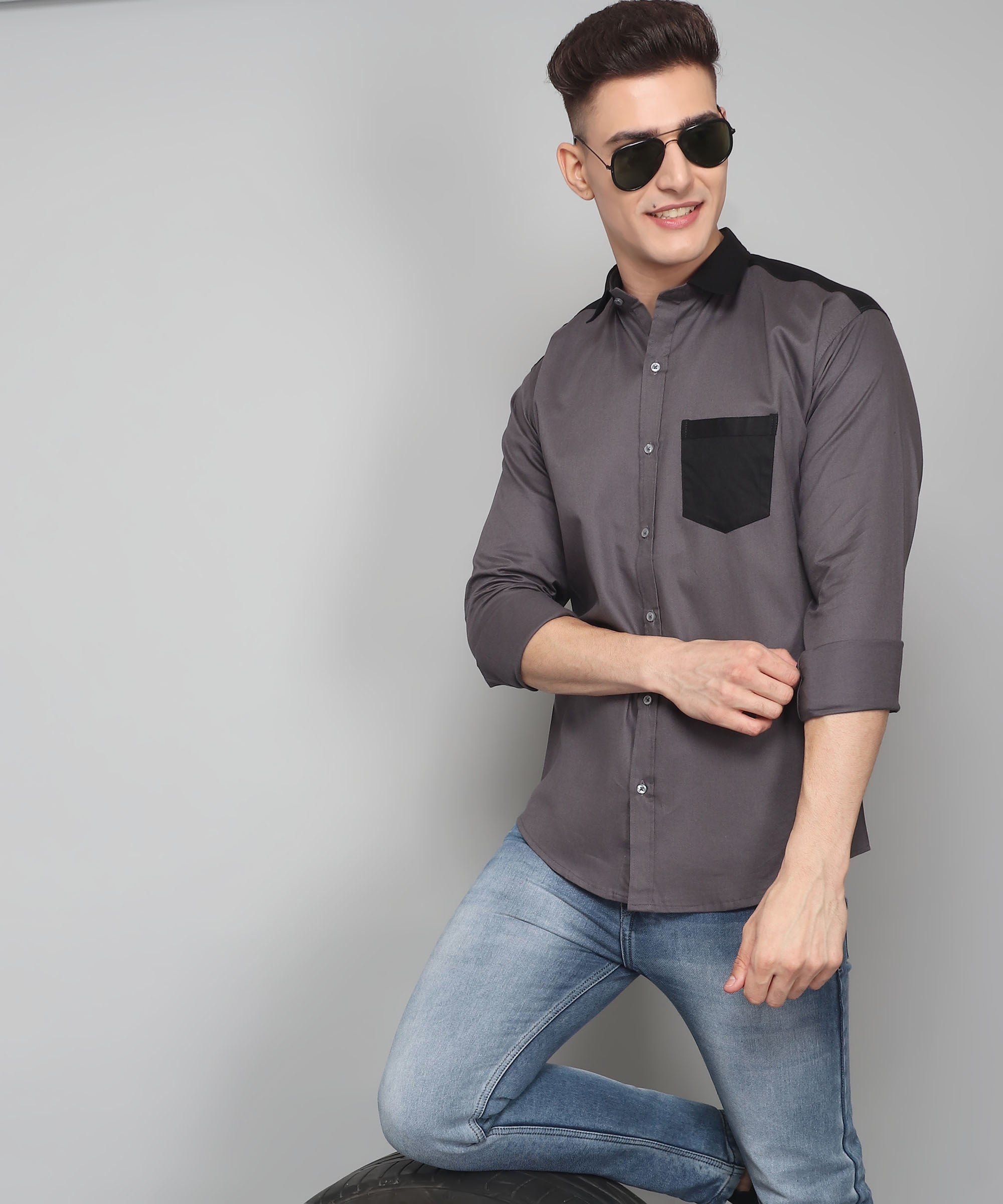 Grey Cotton Casual Shirt