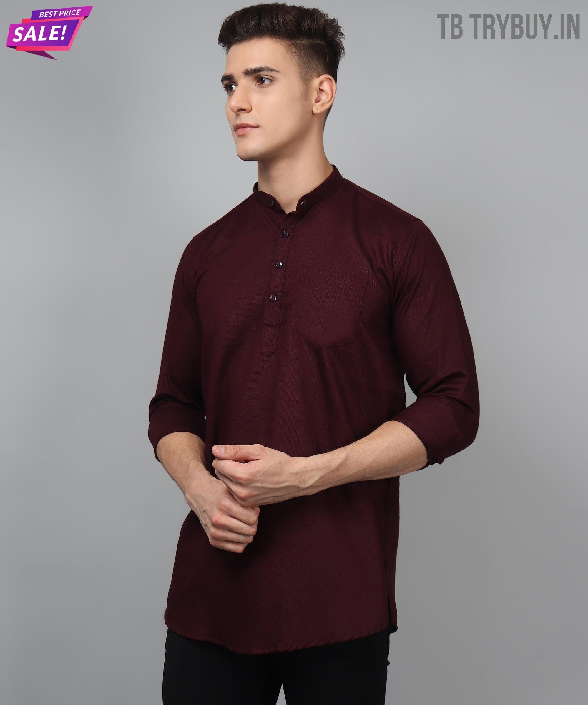 TryBuy Premium Fancy Fabulous Trendy Ethnic WineRed Kurta for Men