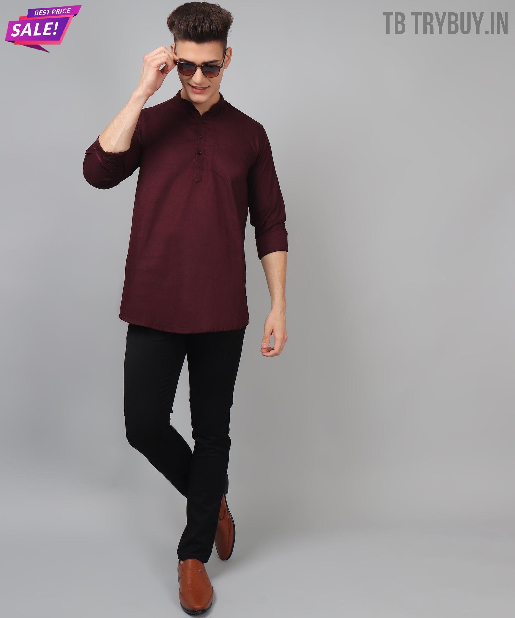 TryBuy Premium Fancy Fabulous Trendy Ethnic WineRed Kurta for Men