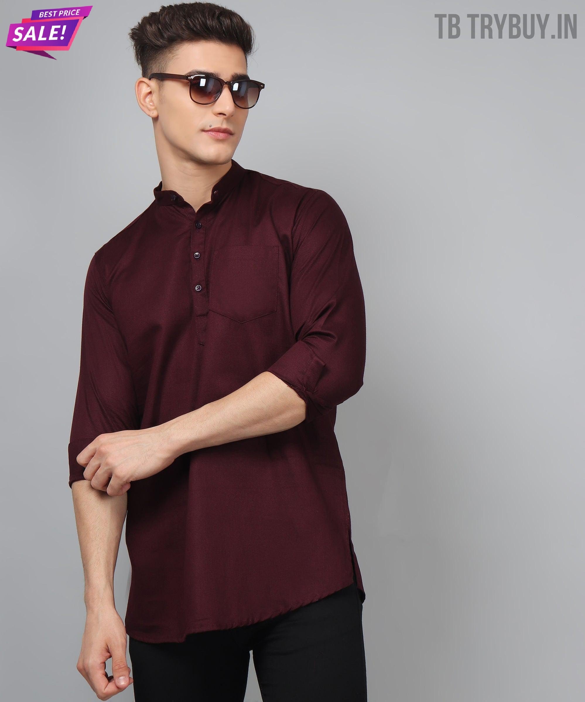 TryBuy Premium Fancy Fabulous Trendy Ethnic WineRed Kurta for Men