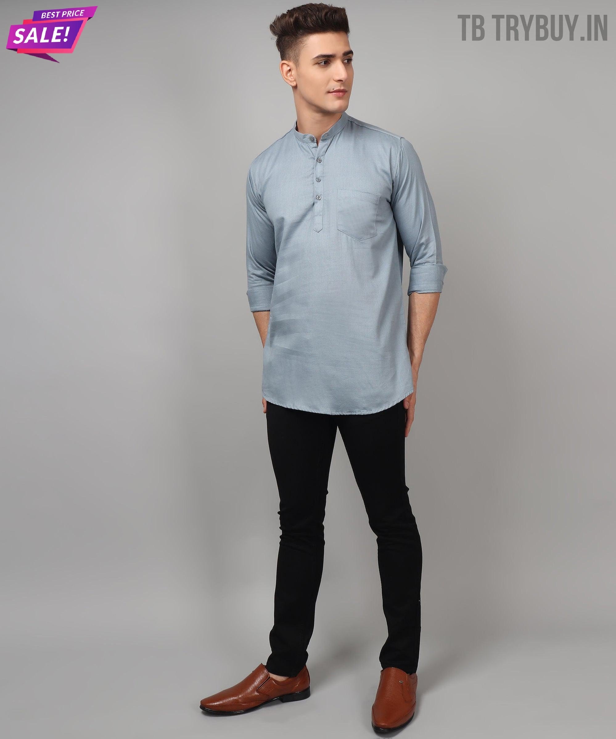 TryBuy Premium Fancy Fabulous Trendy Ethnic Grey Kurta for Men