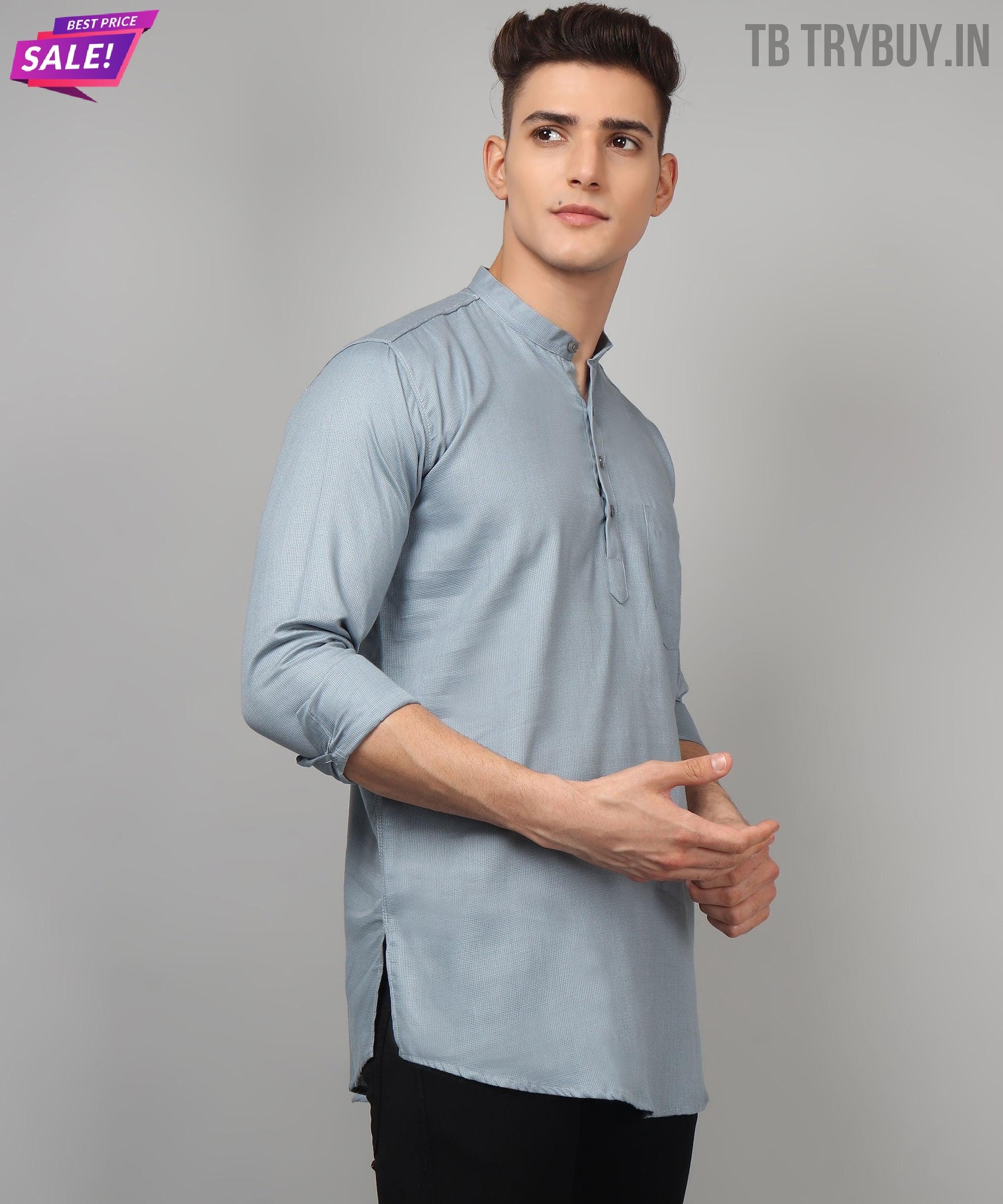 TryBuy Premium Fancy Fabulous Trendy Ethnic Grey Kurta for Men