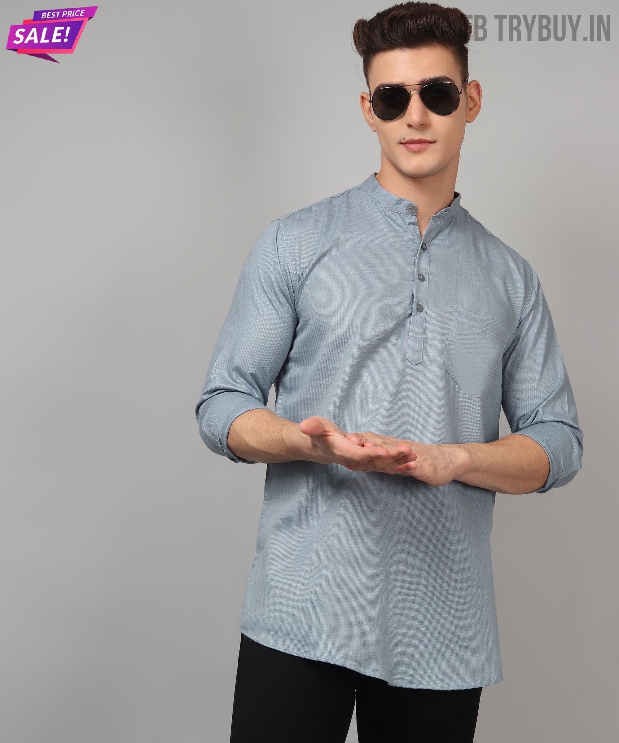 TryBuy Premium Fancy Fabulous Trendy Ethnic Grey Kurta for Men