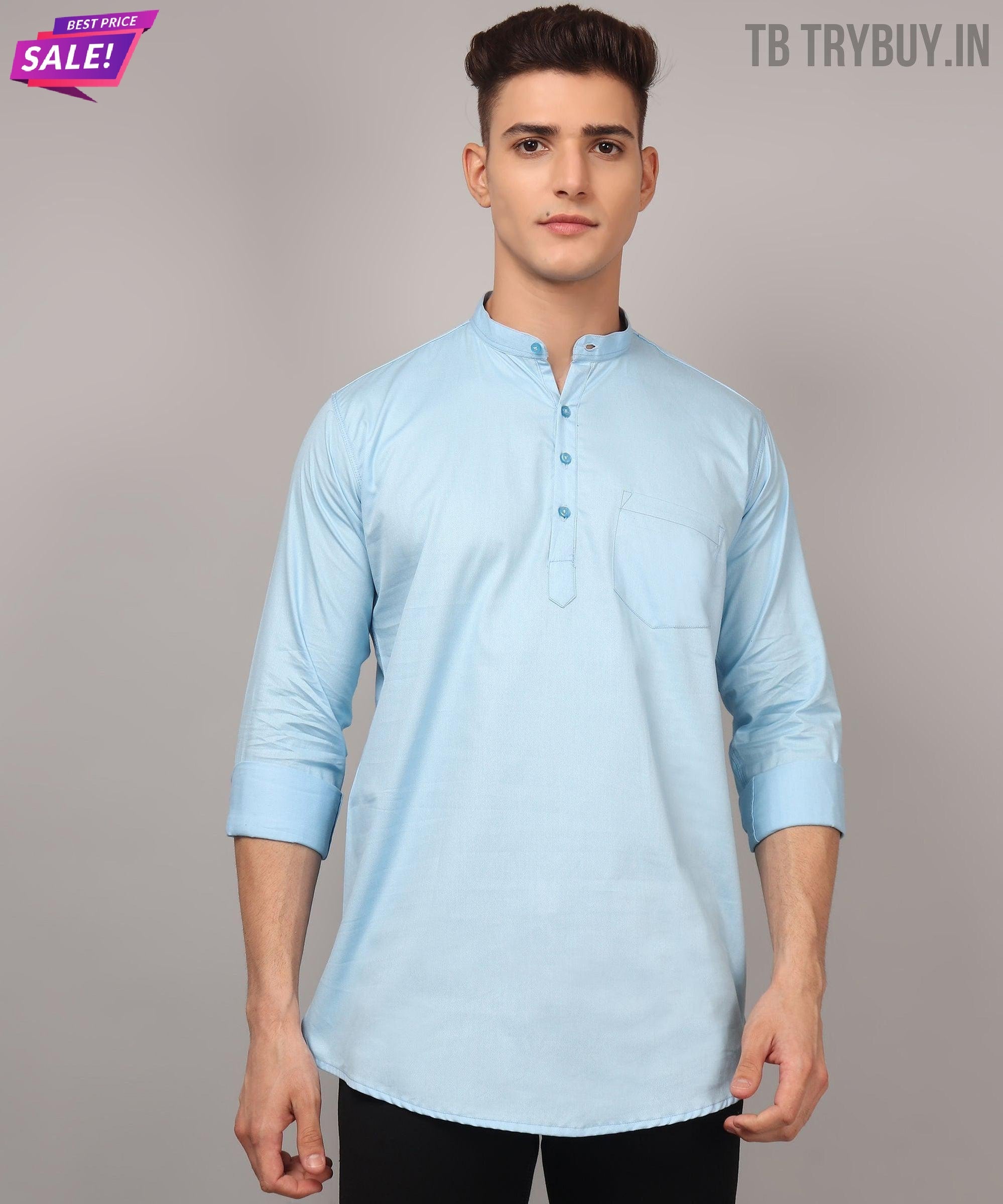 TryBuy Premium Cotton Made Trendy Ethnic Sky Blue Kurta for Men