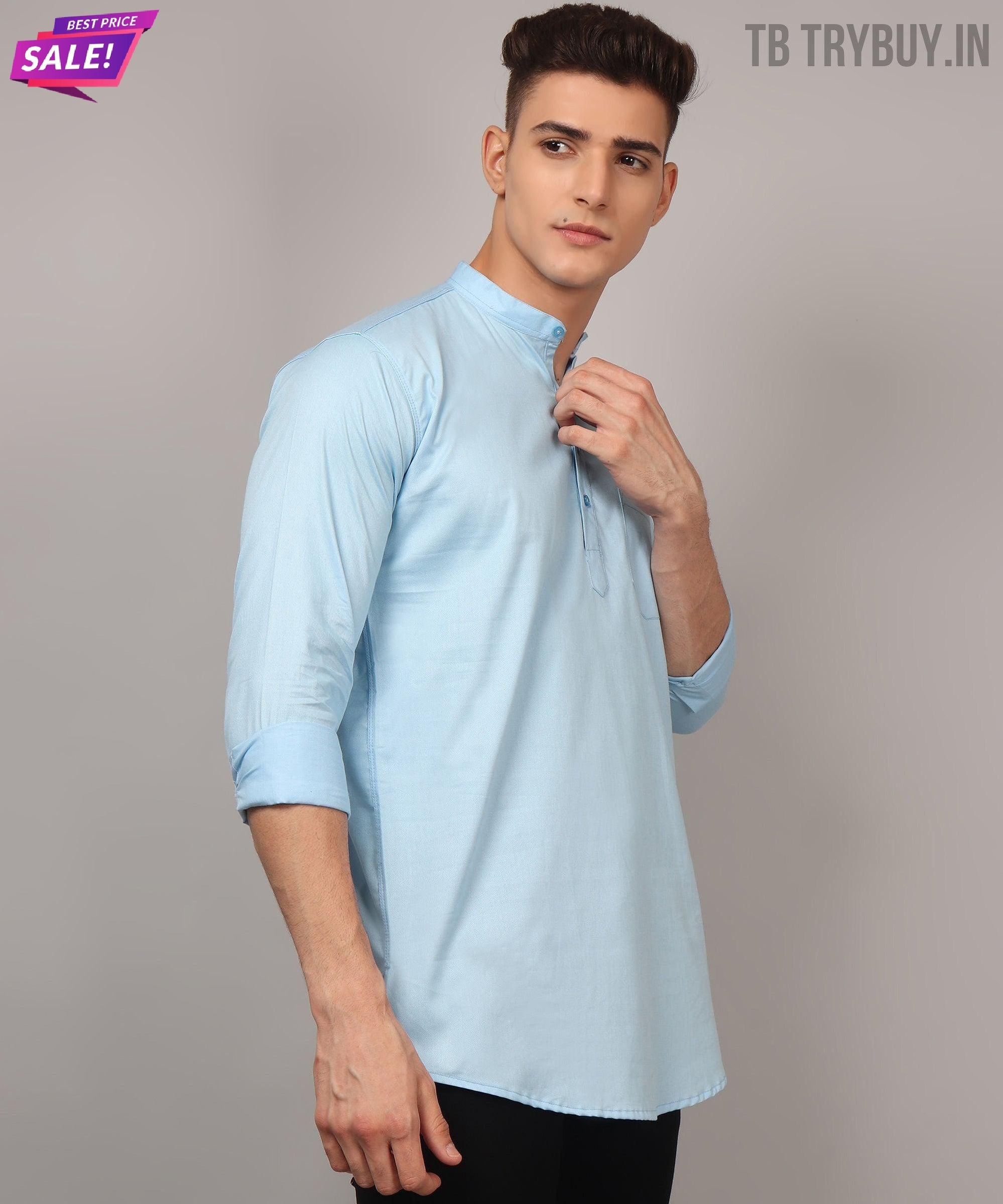 TryBuy Premium Cotton Made Trendy Ethnic Sky Blue Kurta for Men