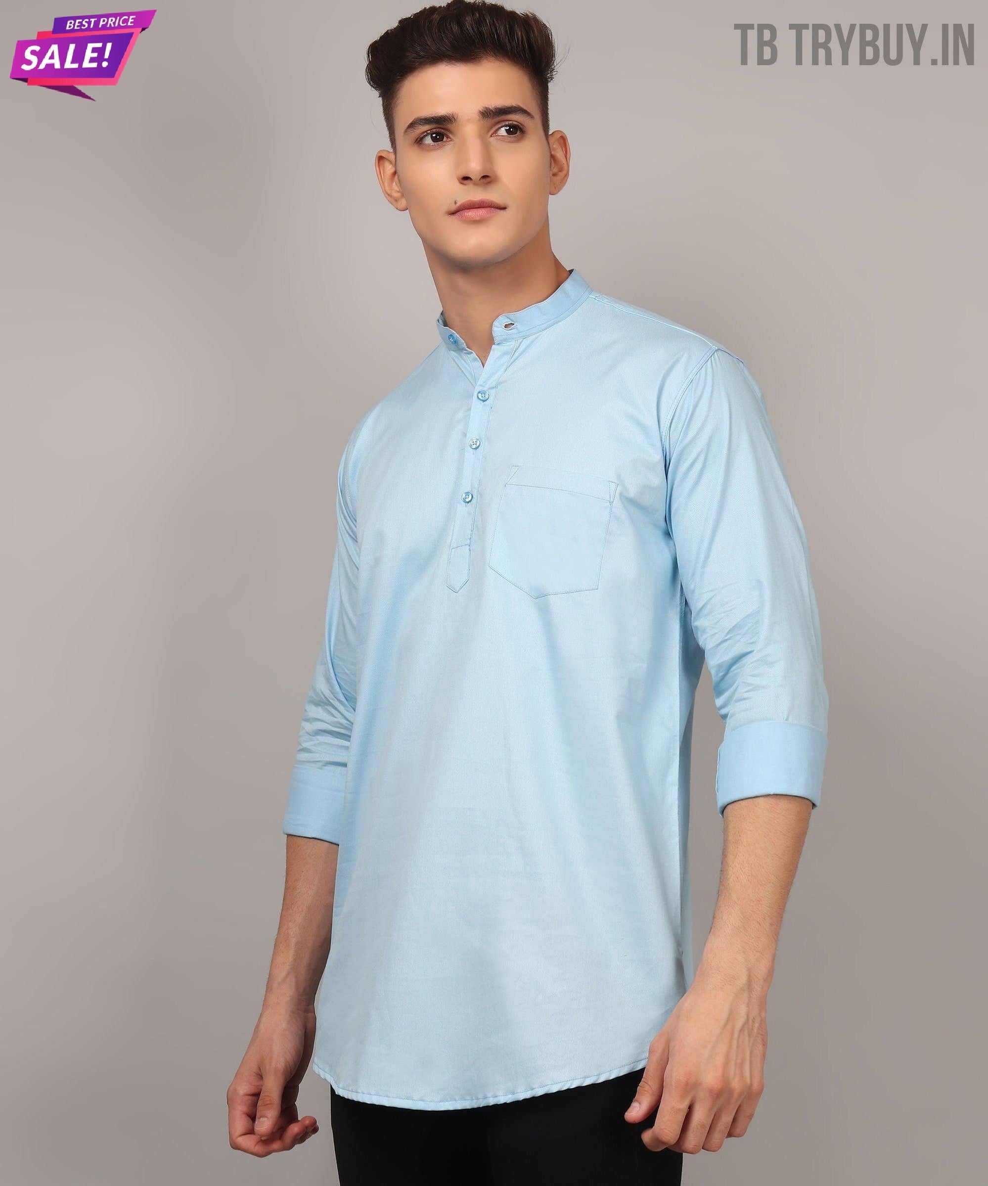 TryBuy Premium Cotton Made Trendy Ethnic Sky Blue Kurta for Men