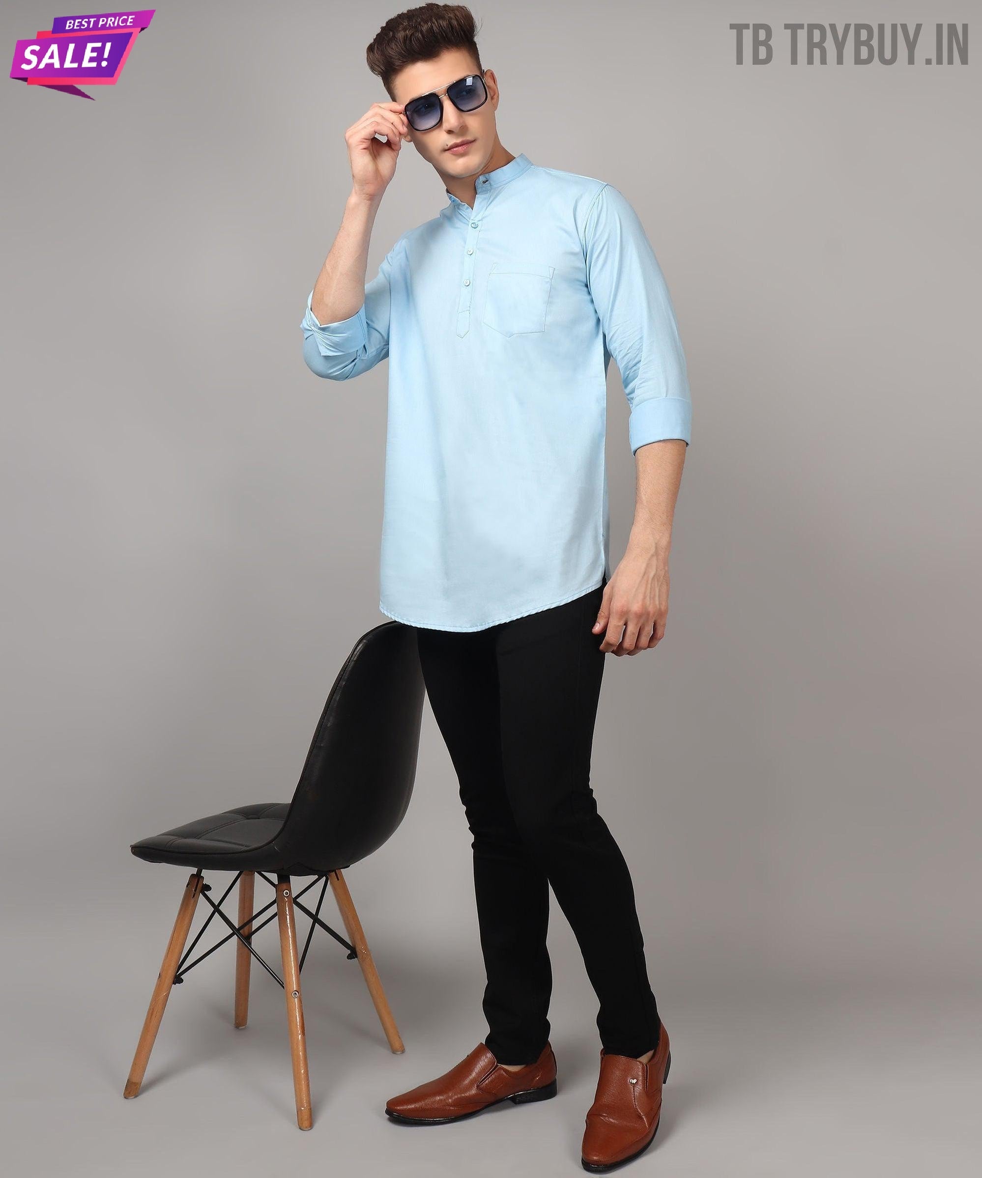 TryBuy Premium Cotton Made Trendy Ethnic Sky Blue Kurta for Men