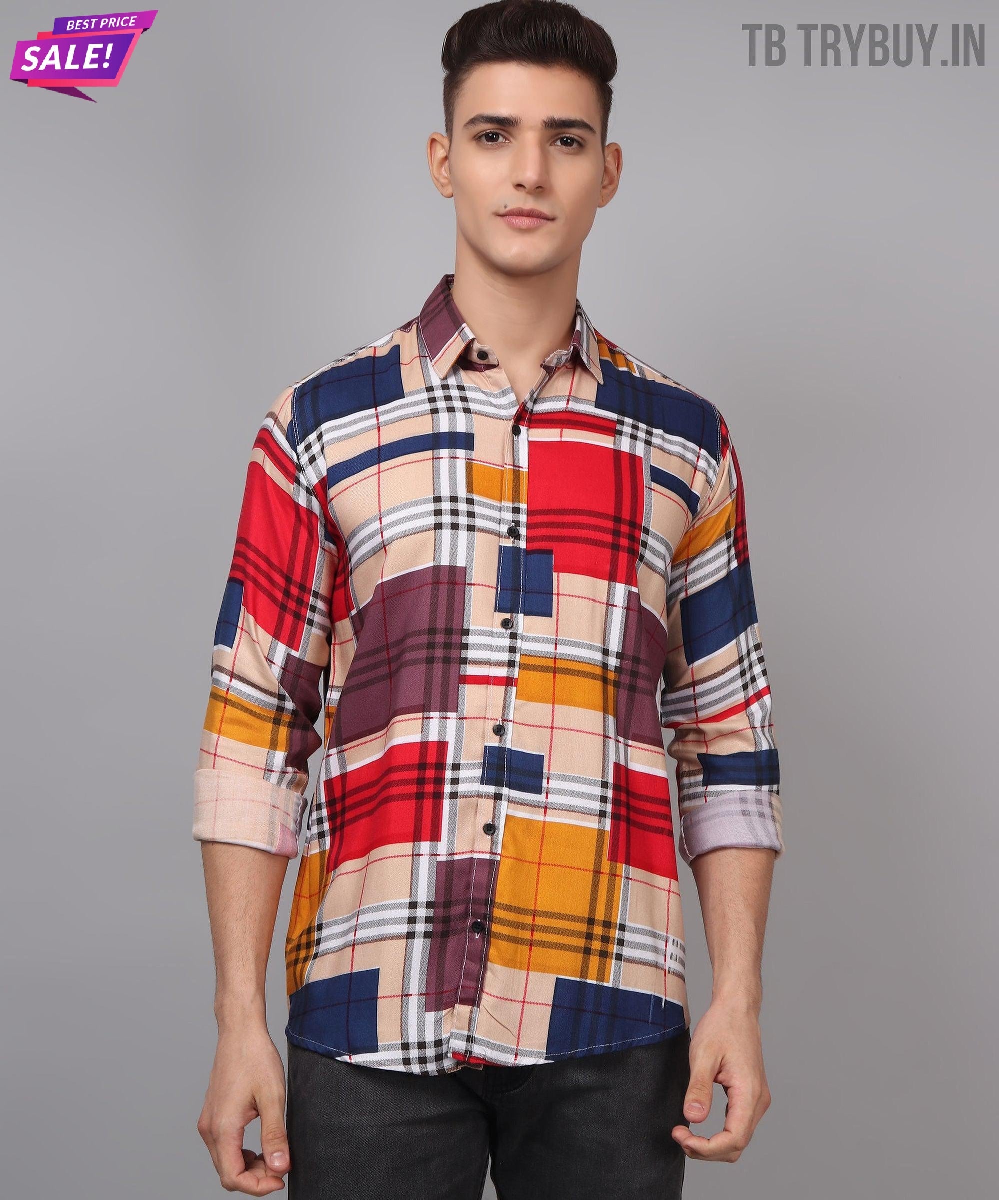 a man wearing a multicolored plaid shirt