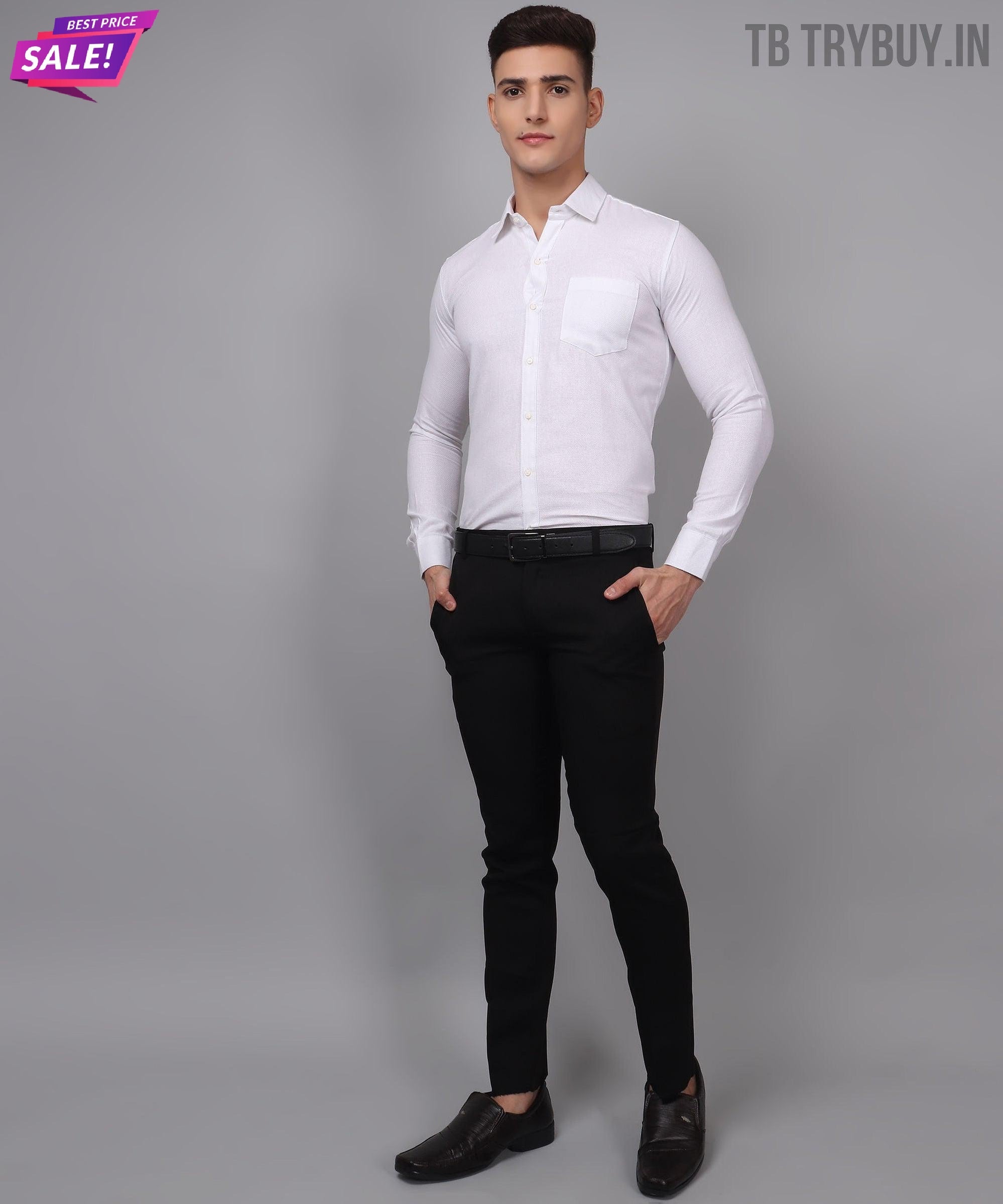 a man in a white shirt and black pants