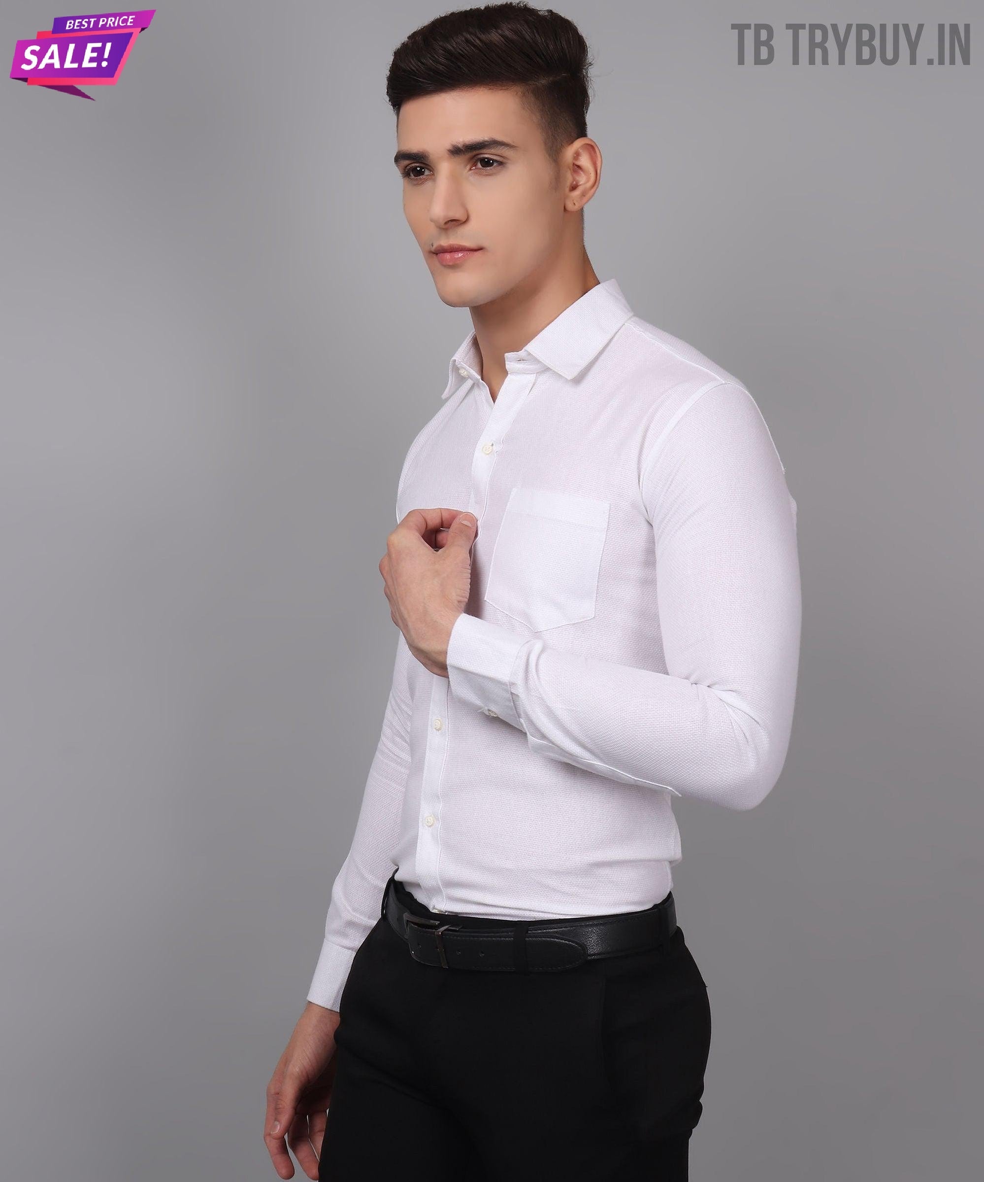 a man wearing a white shirt and black pants