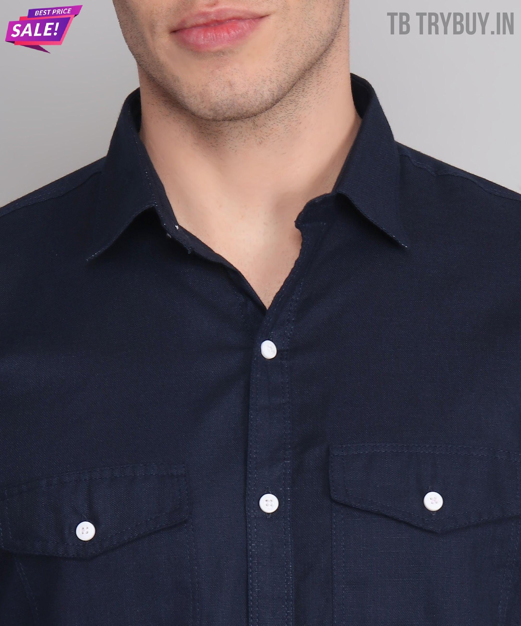 a close up of a person wearing a blue shirt