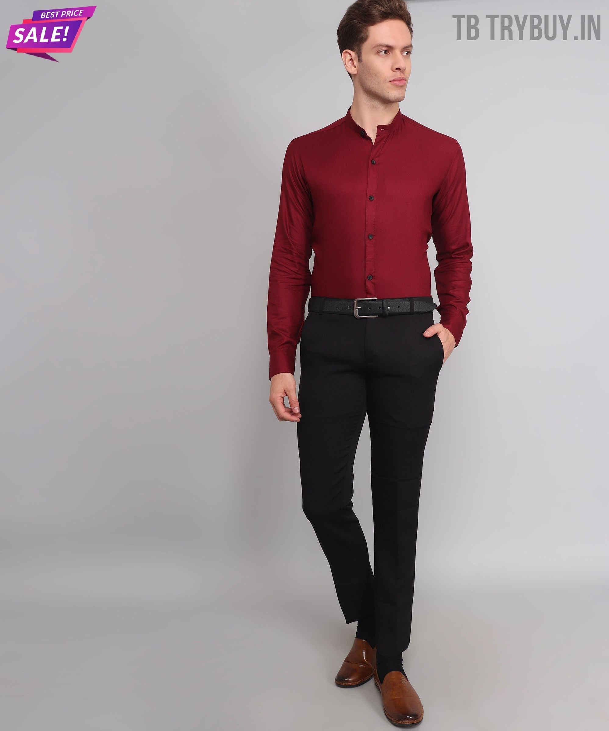 a man in a red shirt and black pants