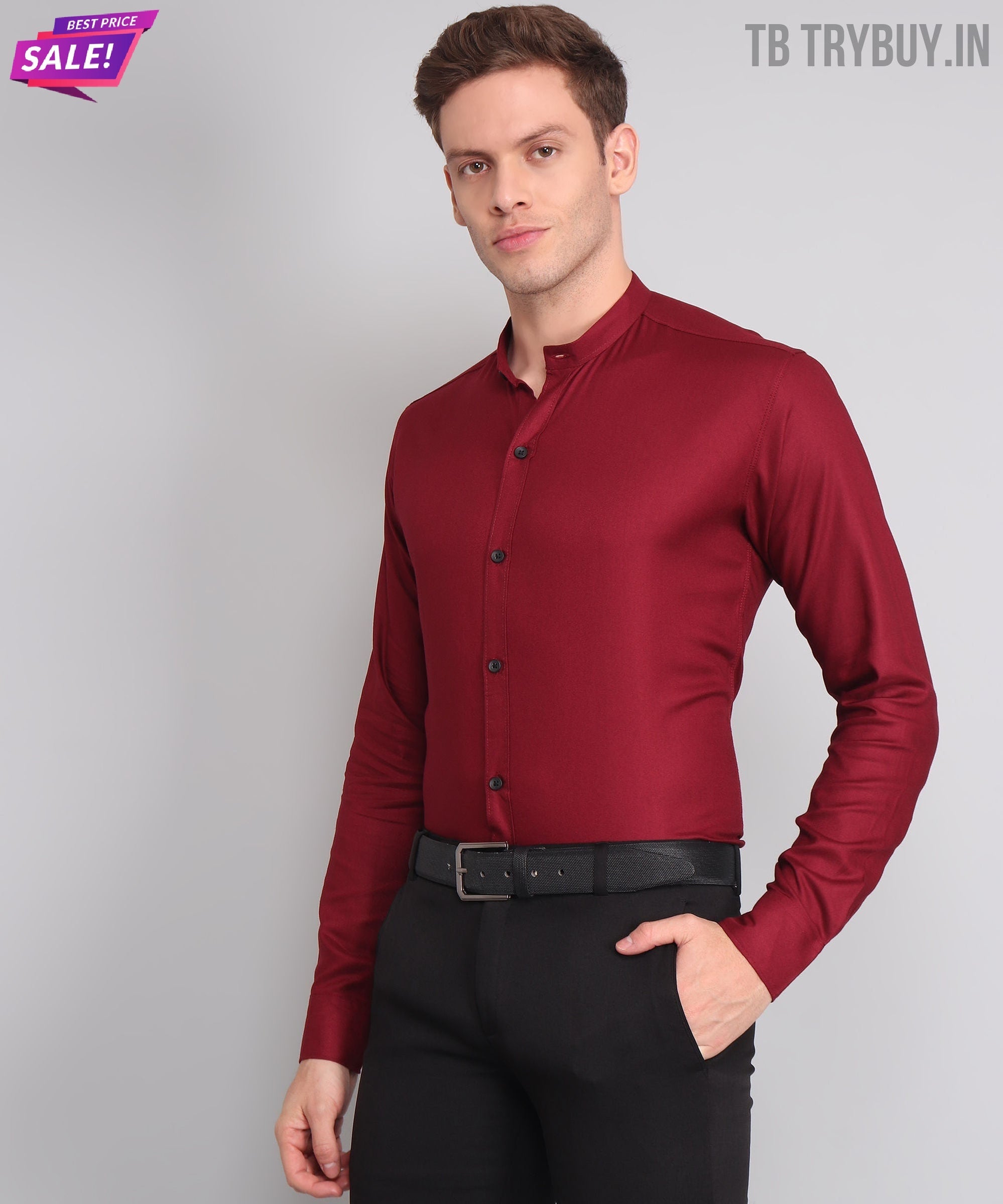 a man wearing a red shirt and black pants