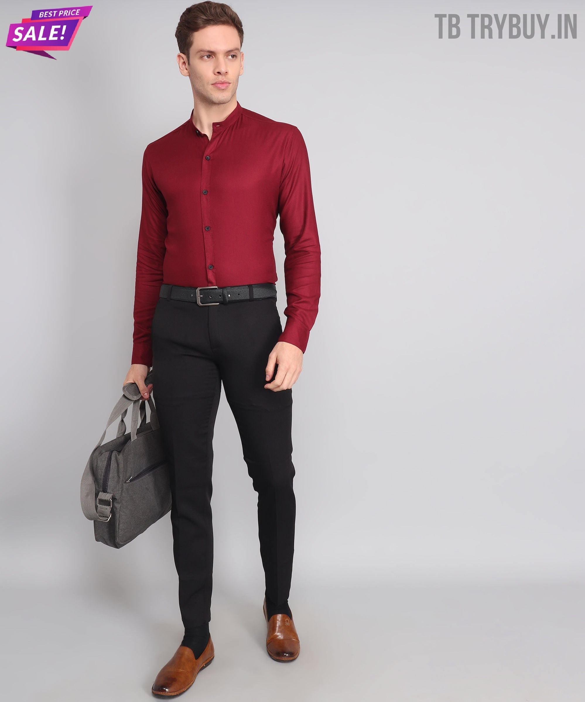 a man in a red shirt and black pants