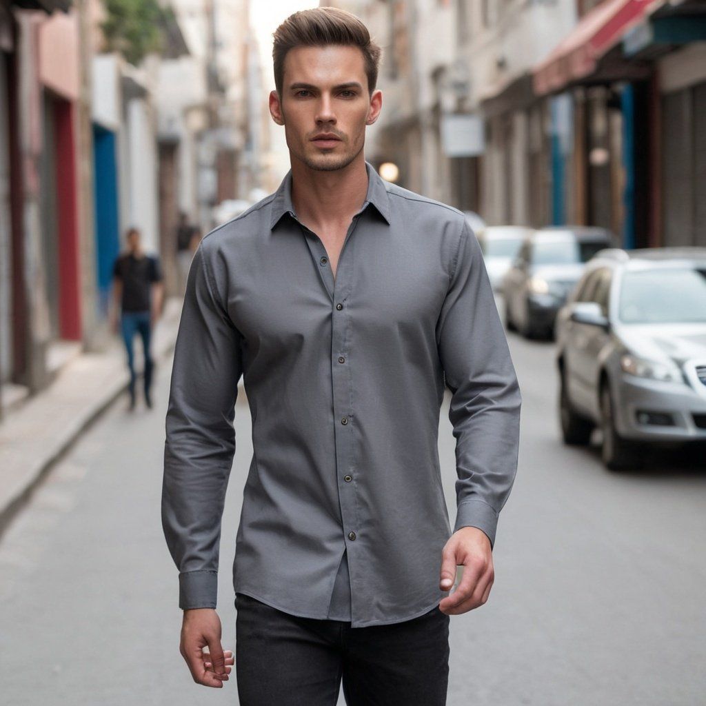 a man in a gray shirt is walking down the street