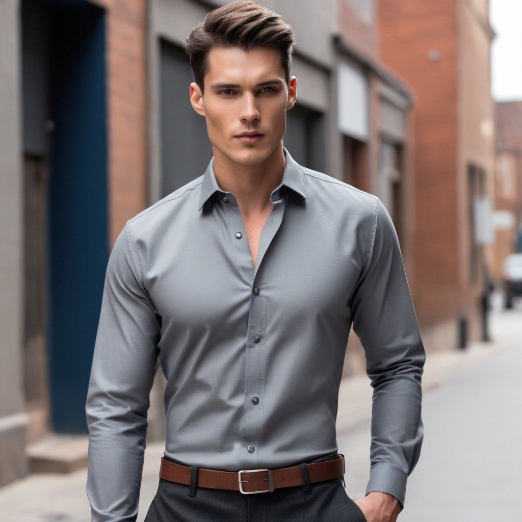 a man in a gray shirt and black pants