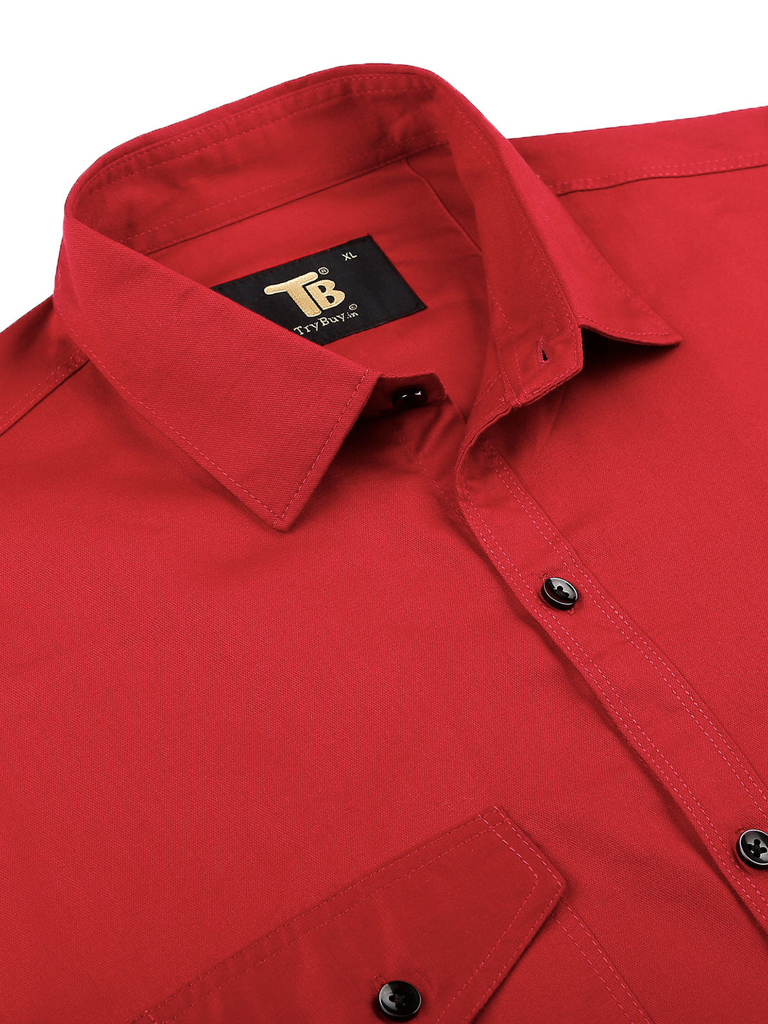 a red shirt with a black label on it