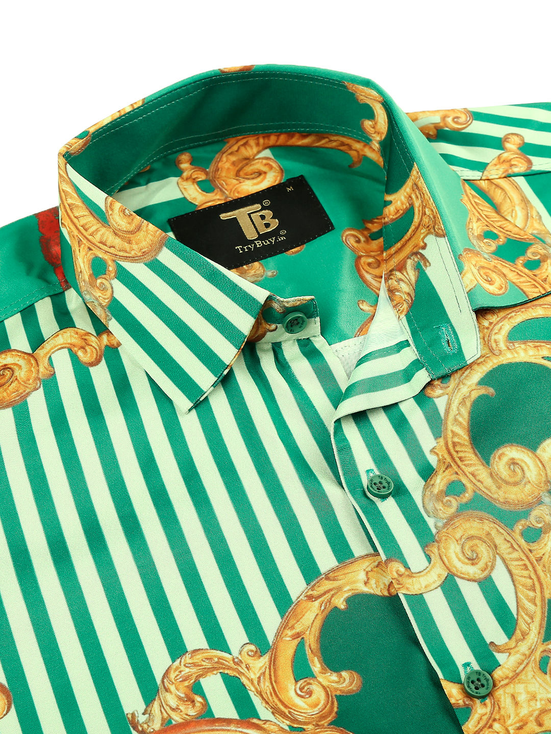 a green and white striped shirt with gold designs