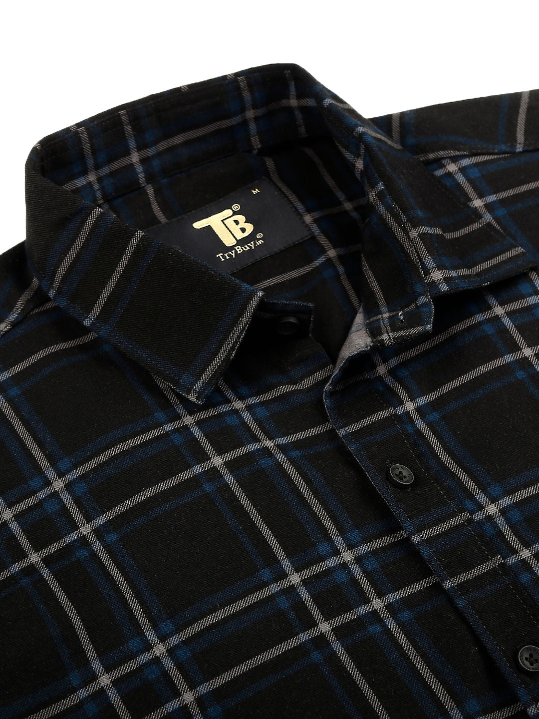 a black and blue plaid shirt with a white and yellow logo