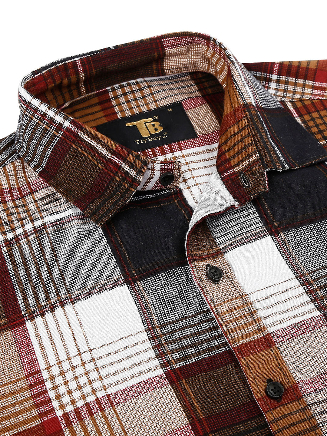 a brown and white plaid shirt with a tag on it