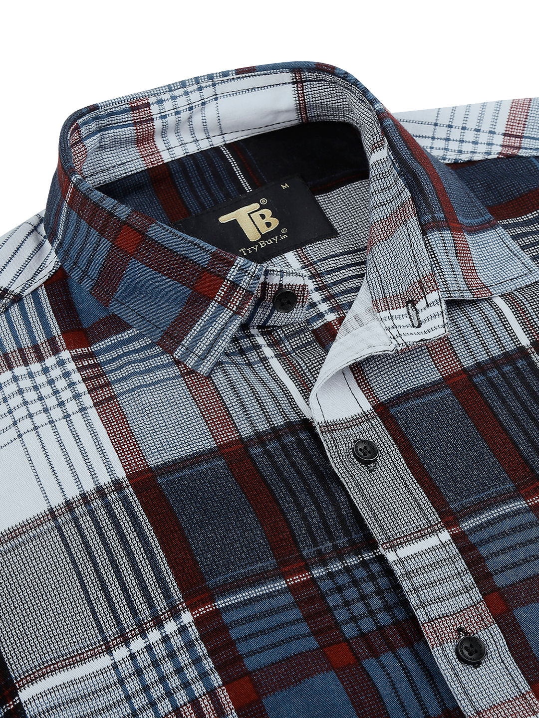 a plaid shirt with a tag on the chest