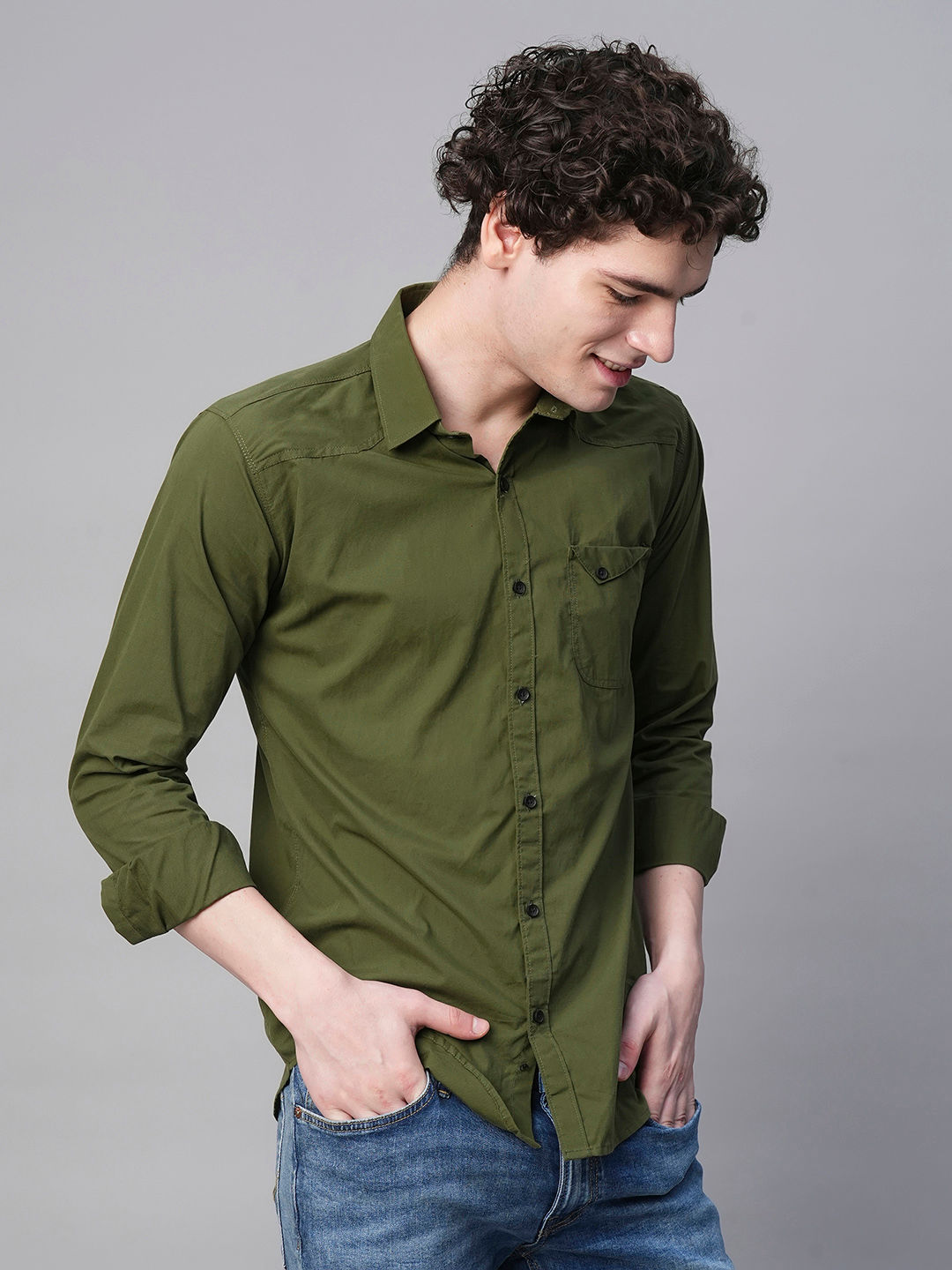 Angers Army Green Solid Cotton Shirts for Men