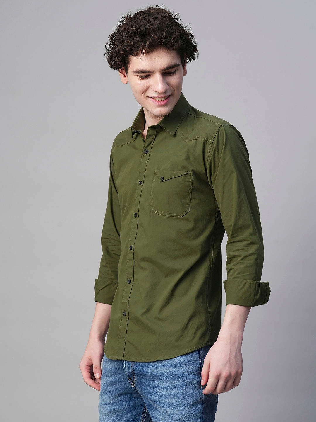 Angers Army Green Solid Cotton Shirts for Men