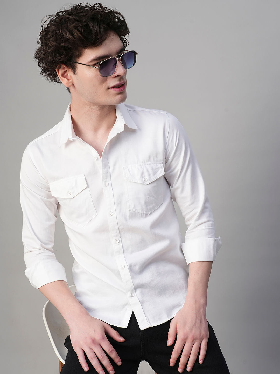 Solid White Cotton Linen Double Pocket Shirts for Men