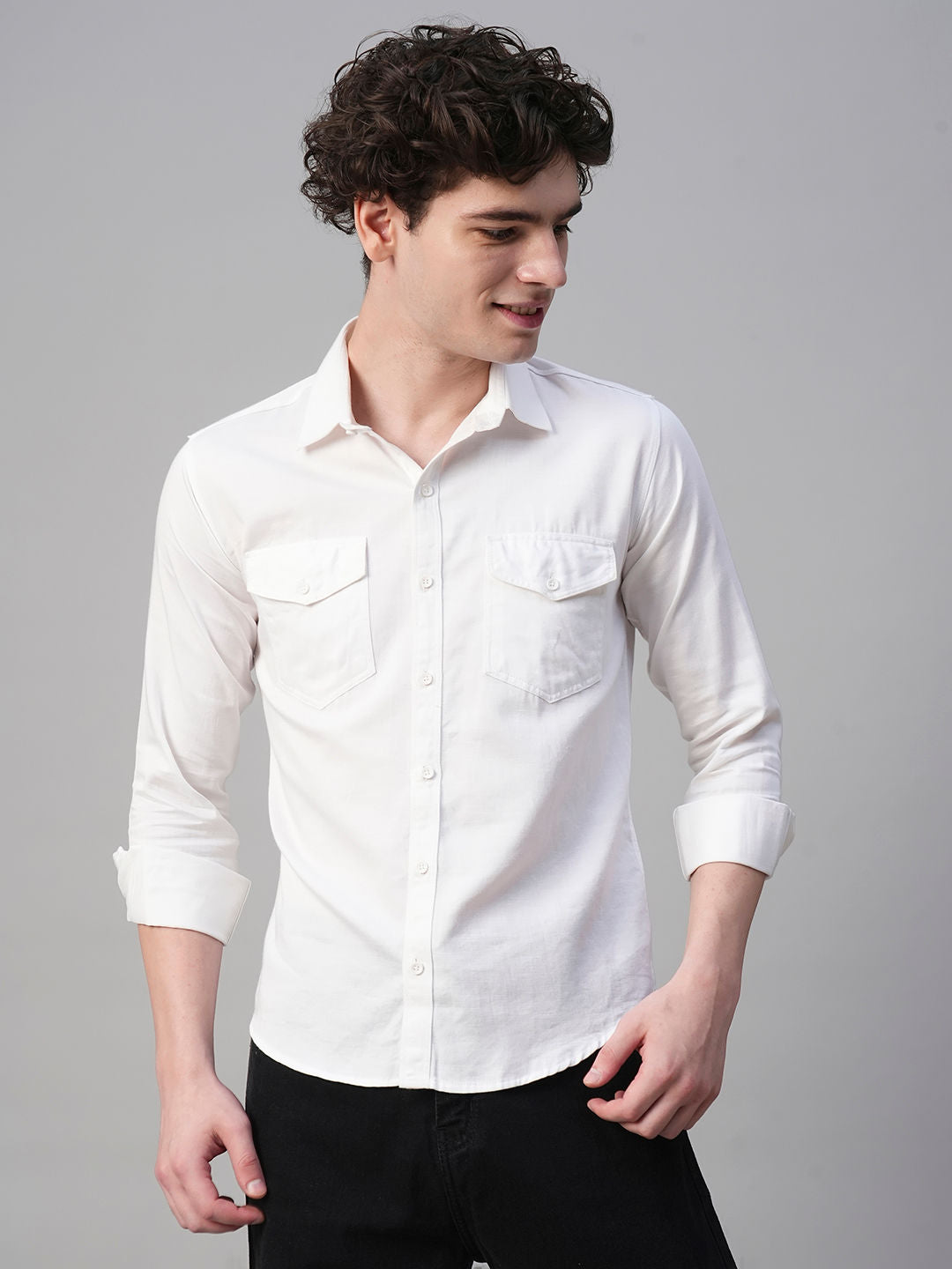 Solid White Cotton Linen Double Pocket Shirts for Men