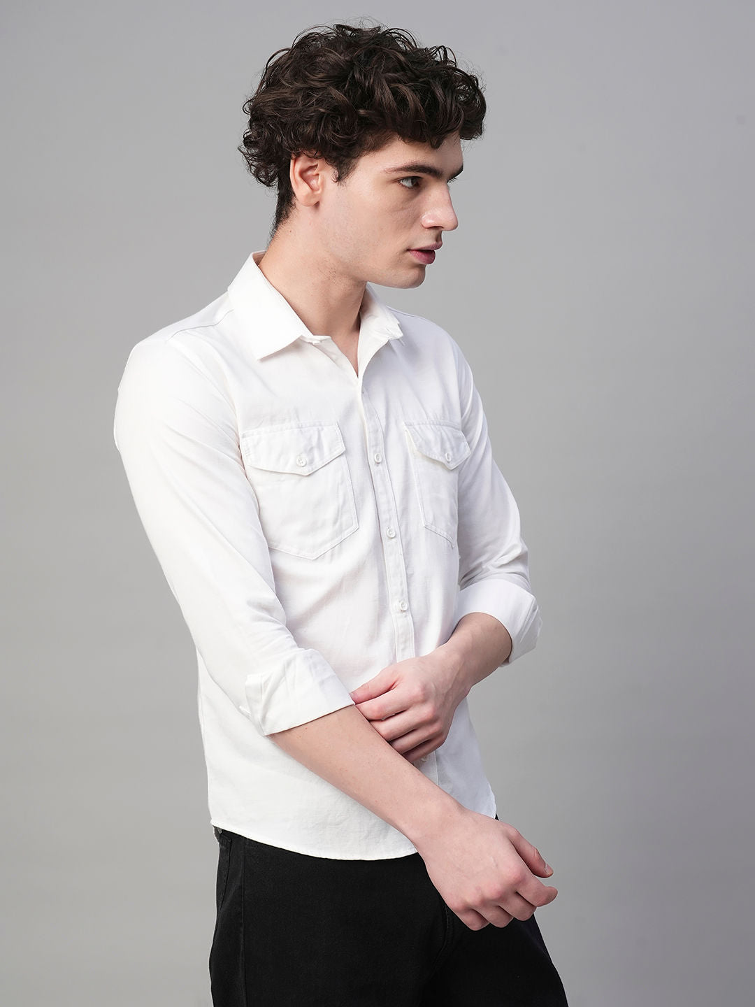 Solid White Cotton Linen Double Pocket Shirts for Men