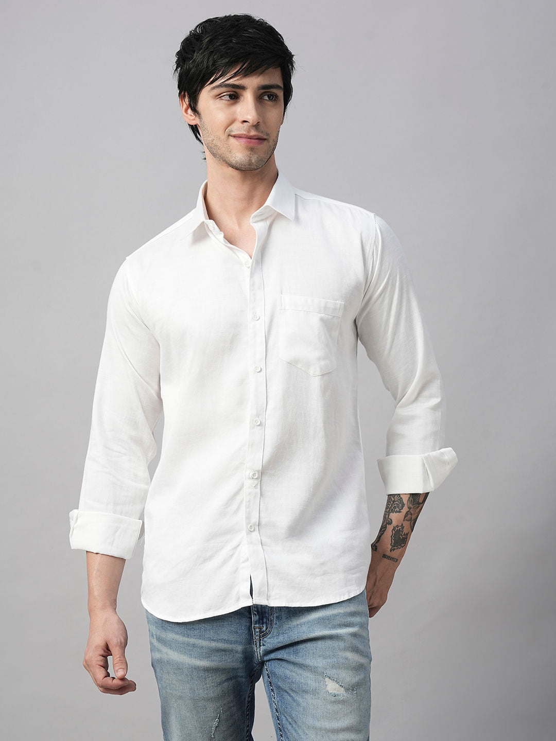 Solid White Cotton Linen Shirts for Men