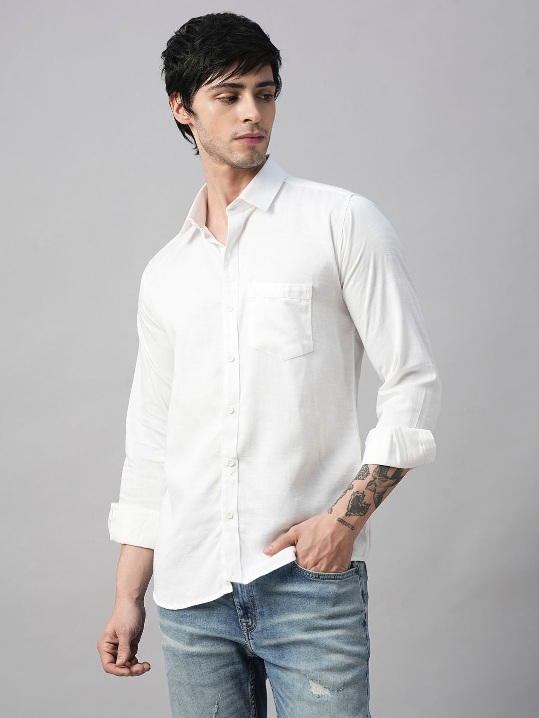 Solid White Cotton Linen Shirts for Men