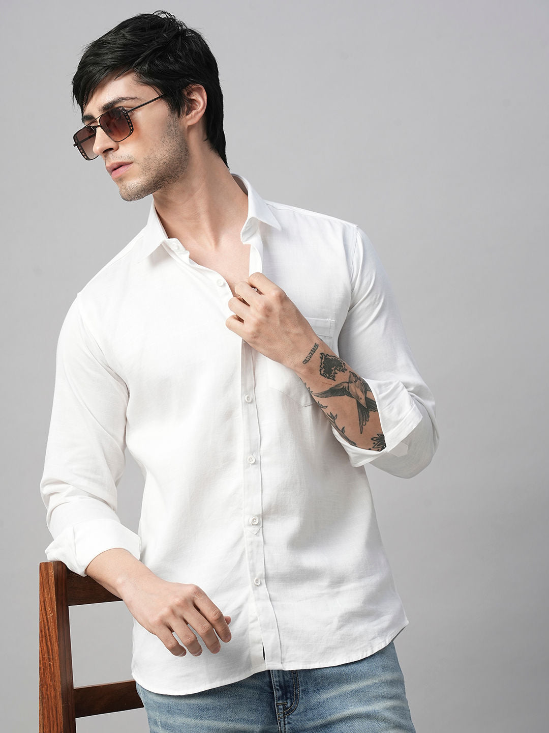 Solid White Cotton Linen Shirts for Men