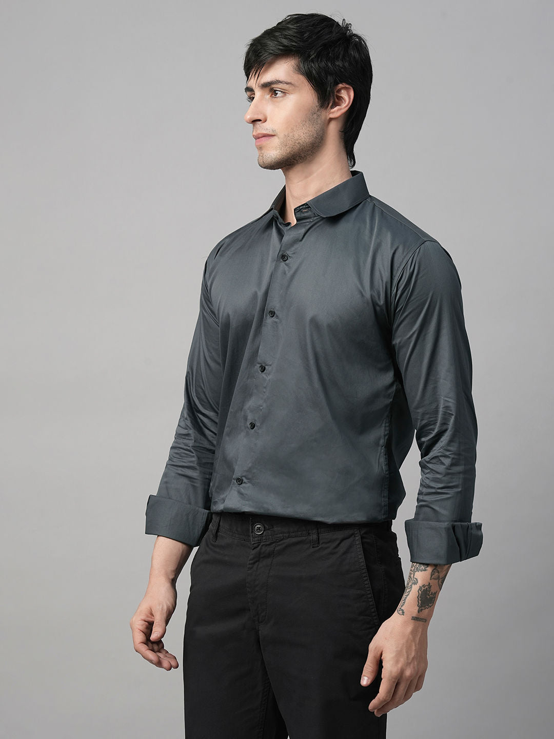 Solid Grey Satin Cotton Shirts for Men