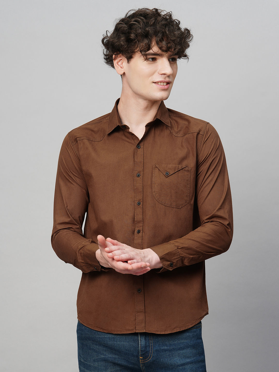 Roadster Brown Solid Shirts for Men