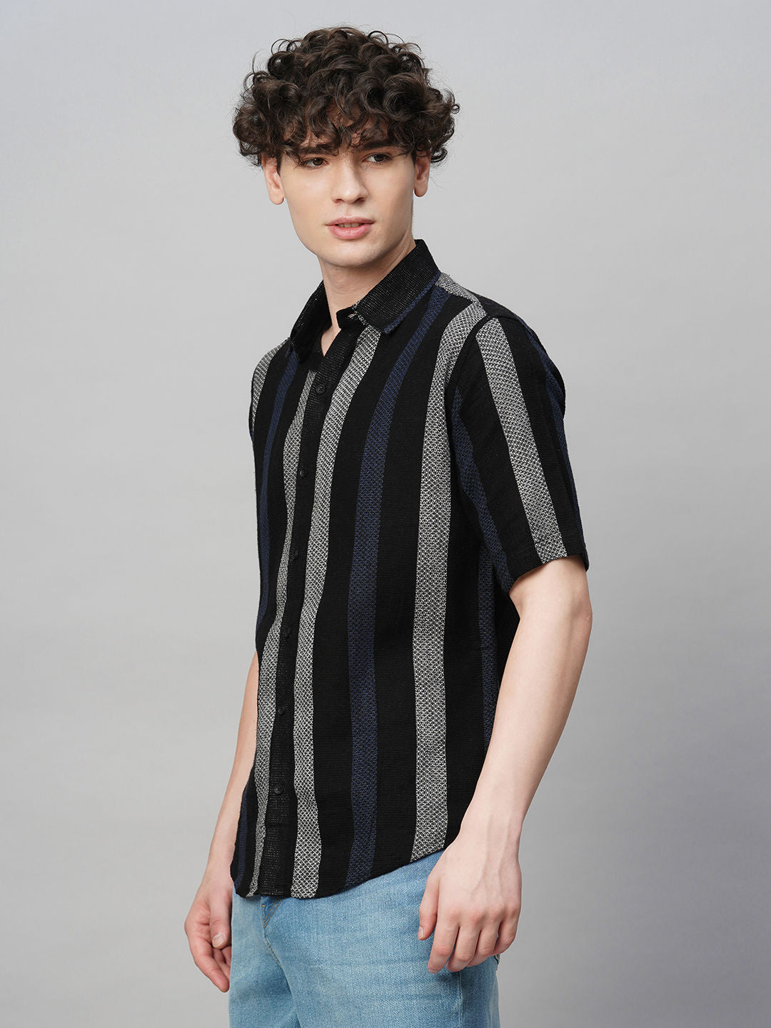 Suave Crochet Striped Half Sleeves Men's Shirt