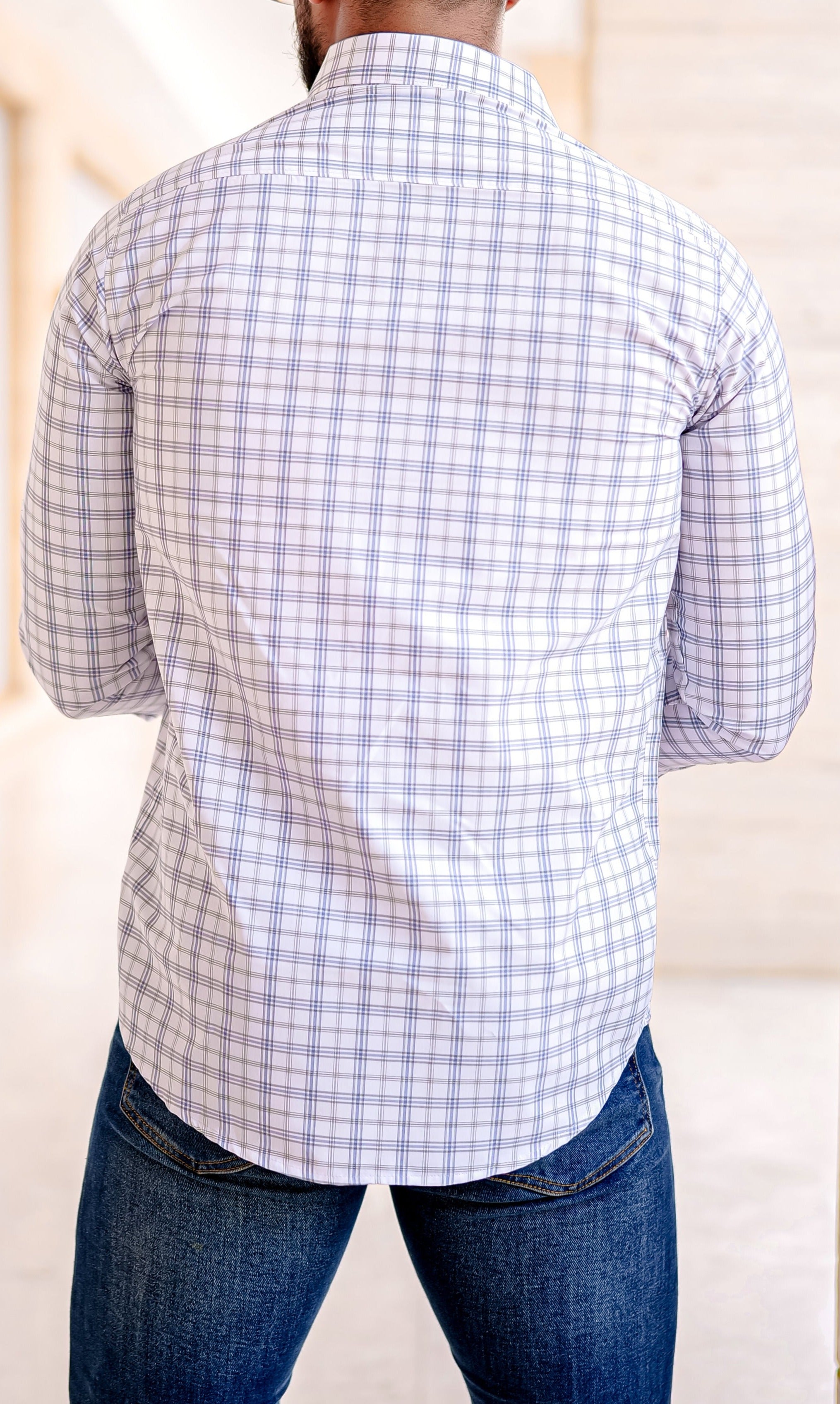 a man in a white and blue checkered shirt
