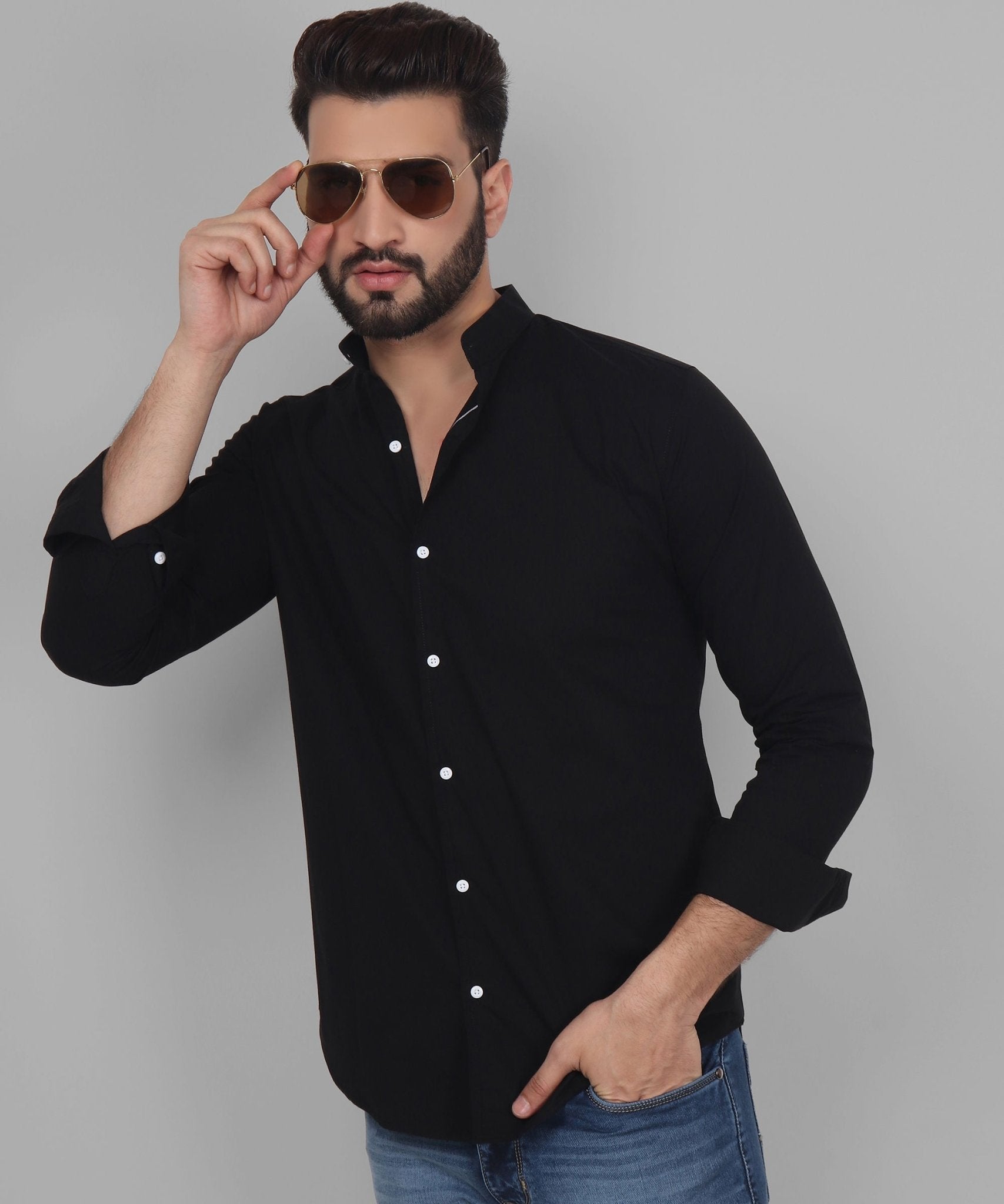  Button Down Black Cotton Men's Shirt 