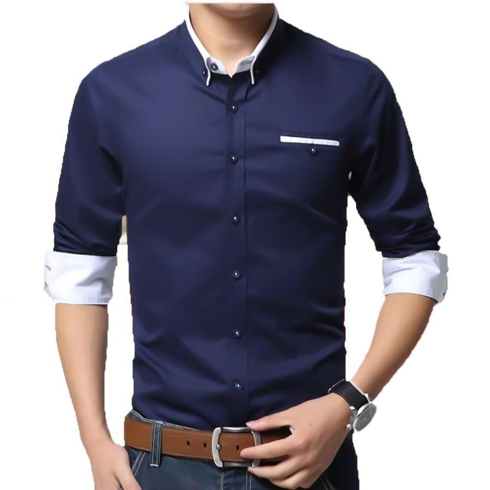Designer Navy Blue Casual Cotton Solid Shirt for Men - TryBuy® USA🇺🇸