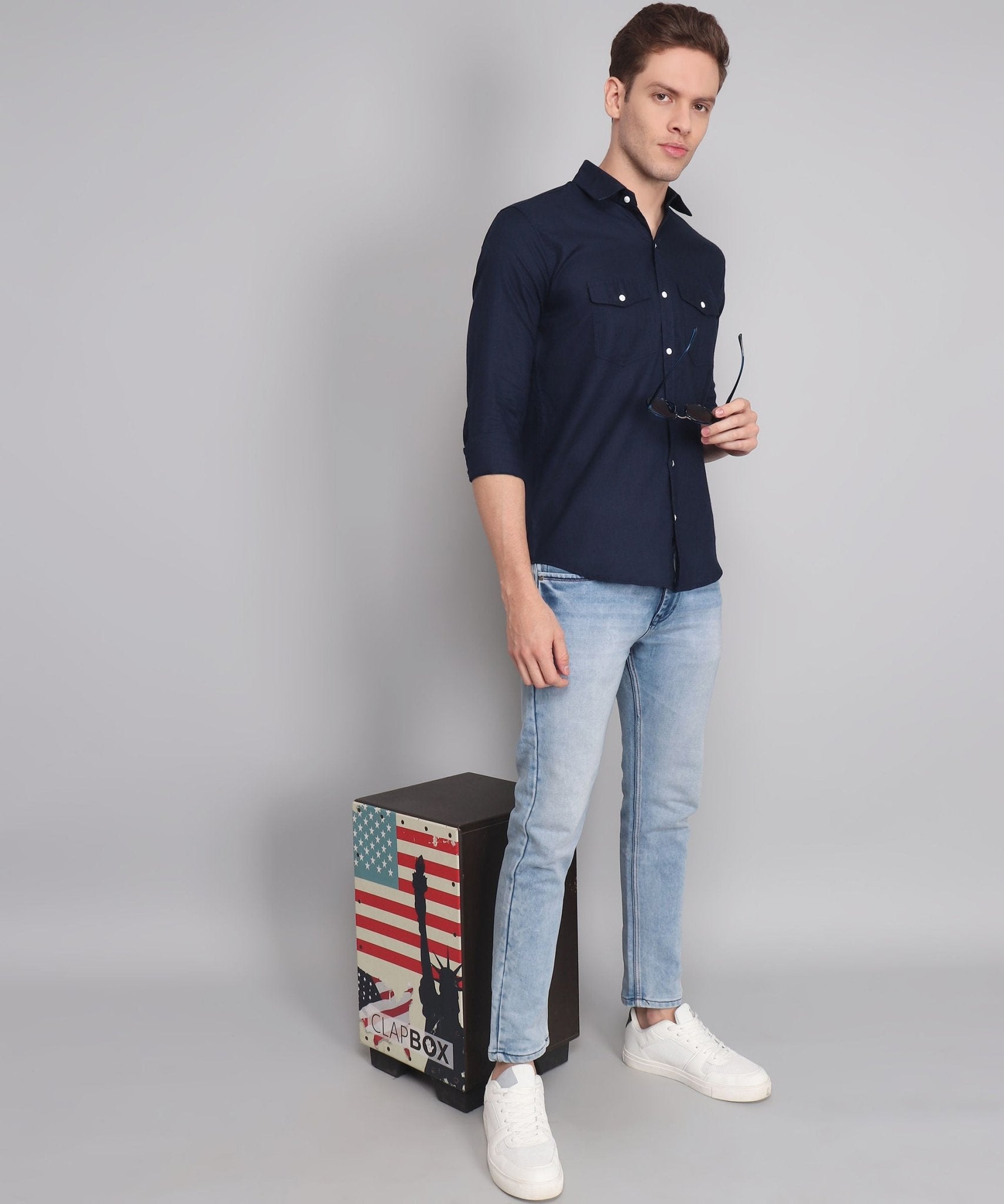 Elite Men's Designer TryBuy Premium Navy Blue Solid Cotton Linen Casual Double Pocket Shirt - TryBuy® USA🇺🇸