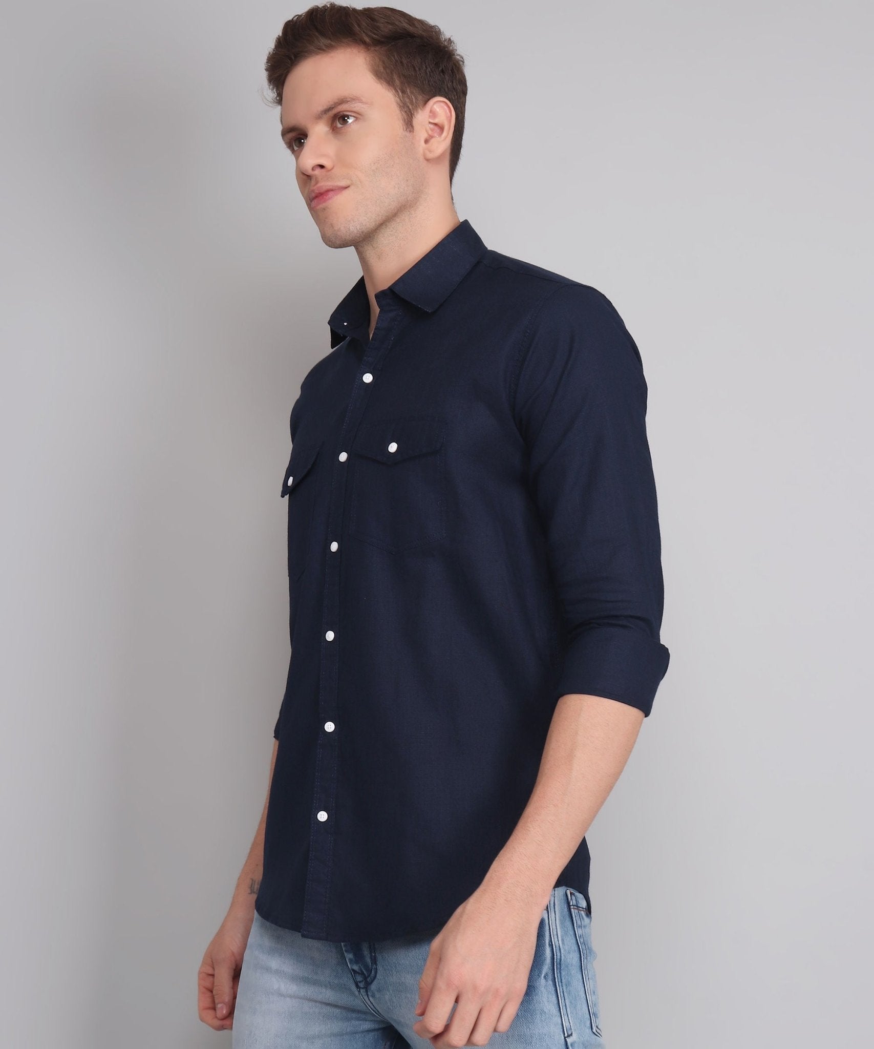 Elite Men's Designer TryBuy Premium Navy Blue Solid Cotton Linen Casual Double Pocket Shirt - TryBuy® USA🇺🇸