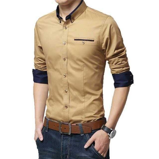 Exclusive Designer Khaki Cotton Casual Solid Shirt for Men - TryBuy® USA🇺🇸