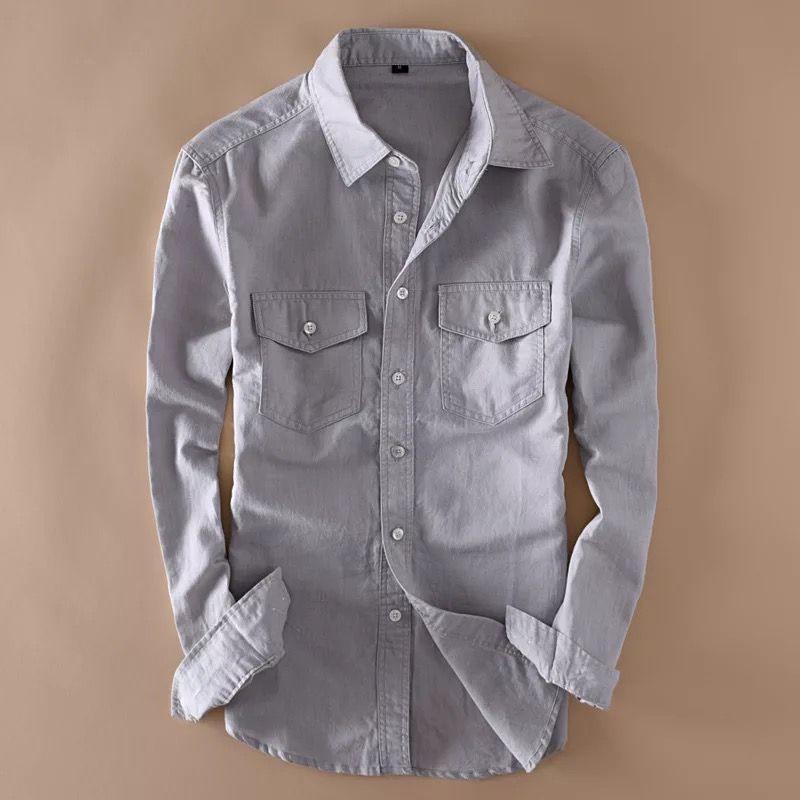 Exclusive Grey Linen Double Pocket Shirt for Men - TryBuy® USA🇺🇸