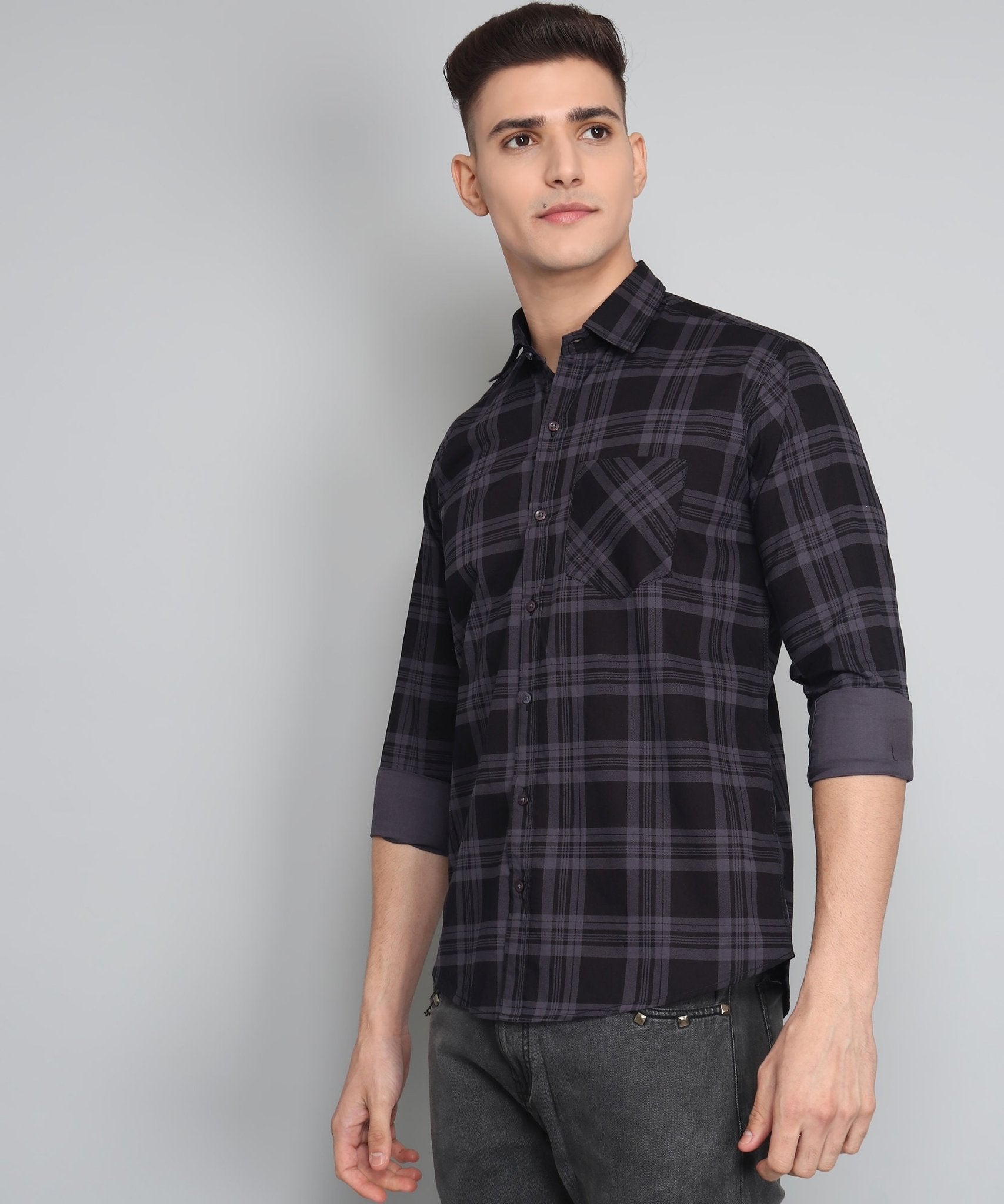Exclusive TryBuy Premium Black Grey Check Cotton Casual Shirt for Men - TryBuy® USA🇺🇸